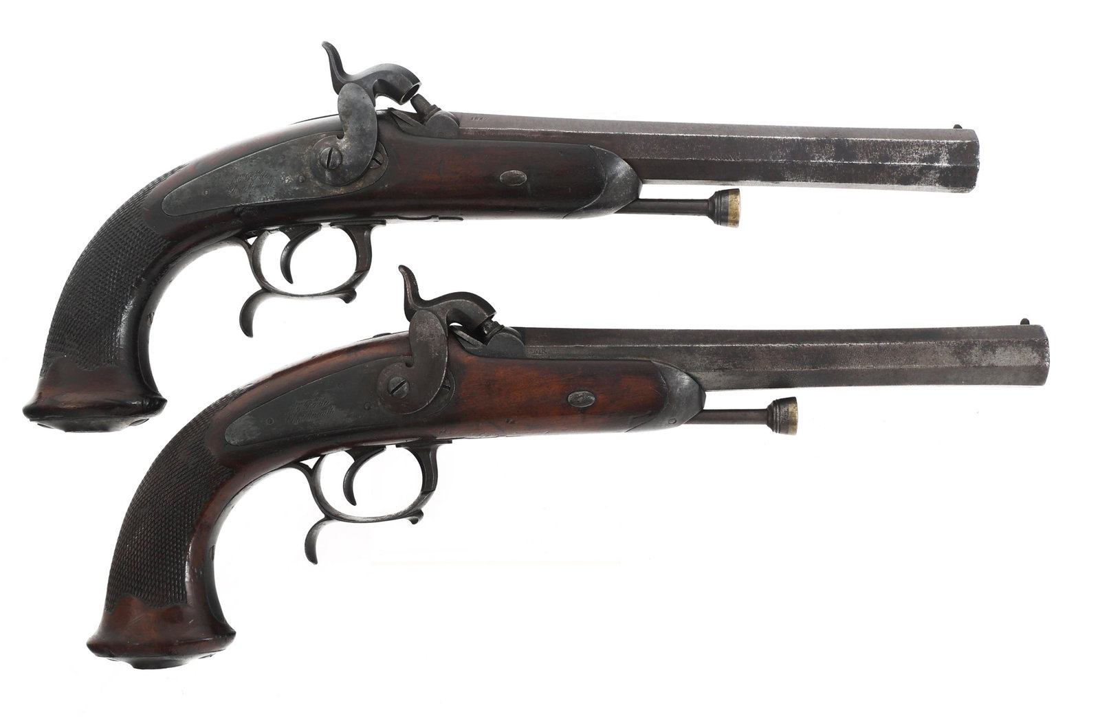 1847 FRENCH MLE 1833 CAVALRY OFFICERS PISTOL PAIR: 1847 FRENCH MLE 1833 CAVALRY OFFICERS PISTOL PAIR 1847 French Chatellerault Mle1833 Cavalry Officers percussion pistol pair. 8.50 inch octagonal barrels are stamped with proof marks, "1847" and "MR". 