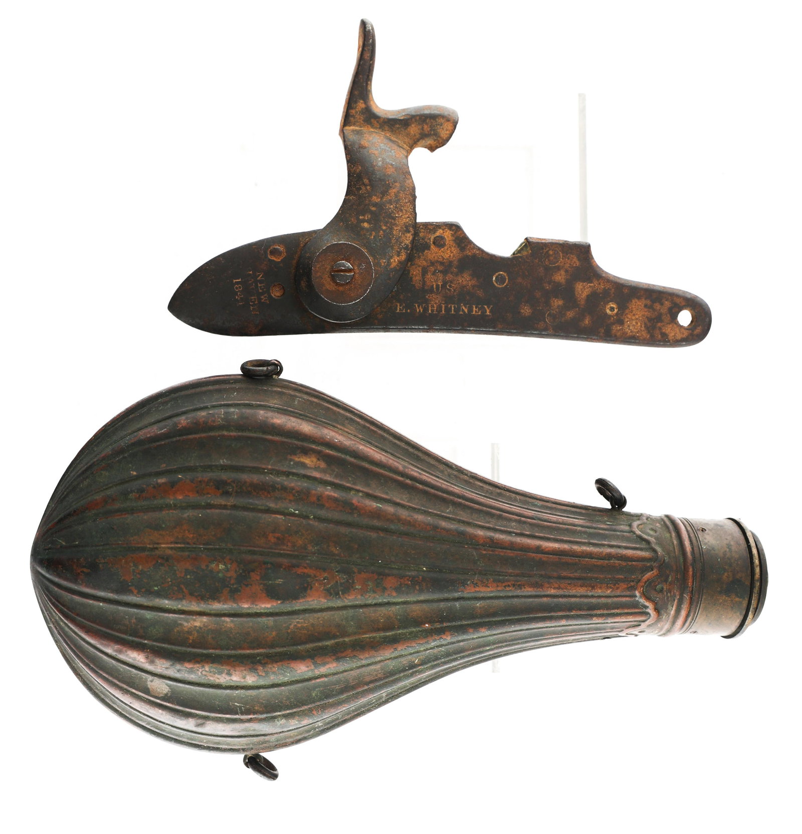 E. WHITNEY SIDE PLATE AND HAWKSLEY POWDER FLASK: E. WHITNEY SIDE PLATE AND HAWKSLEY POWDER FLASK Side plate from US E. Whitney Model 1841 rifle. Stamped US E. Whitney New Haven 1841. G & J.W. Hawksley powder flask. Marked G & J.W. Hawksley Sheffield