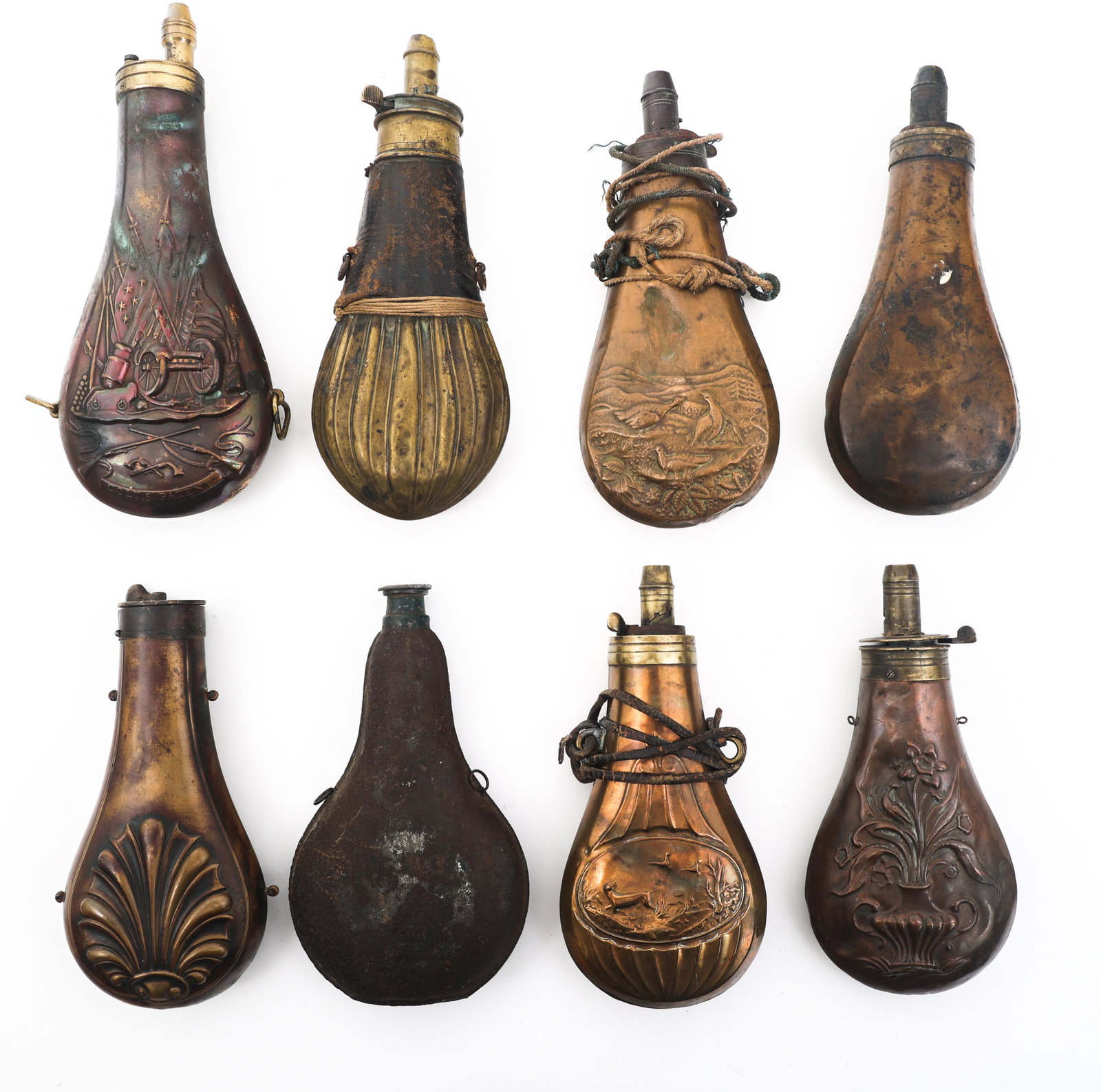 POWDER FLASKS - LOT OF 8: POWDER FLASKS - LOT OF 8 Lot of 7 powder flasks. One marked Hazards Powder on cap, one replica Colt's patent, all others unmarked. Sizes range from 6.75" to 8.25"
