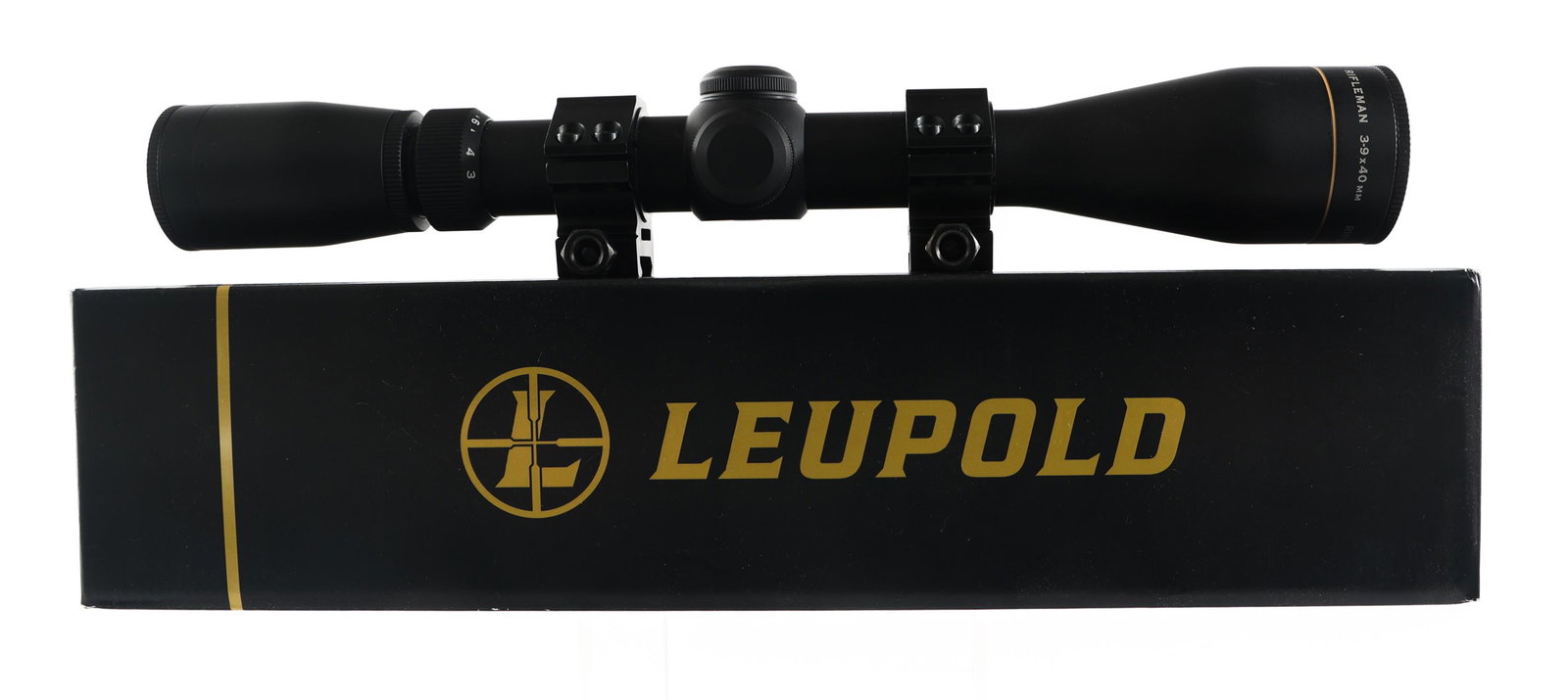 LEUPOLD RIFLEMAN 3-9X40mm WIDE DUPLEX SCOPE BLACK: LEUPOLD RIFLEMAN 3-9X40mm WIDE DUPLEX SCOPE BLACK Leupold Model Rifleman 3-9x40mm Wide Duplex rifle scope. Matte black. 1" scope rings. Metal lens covers. Leupold cardboard box.