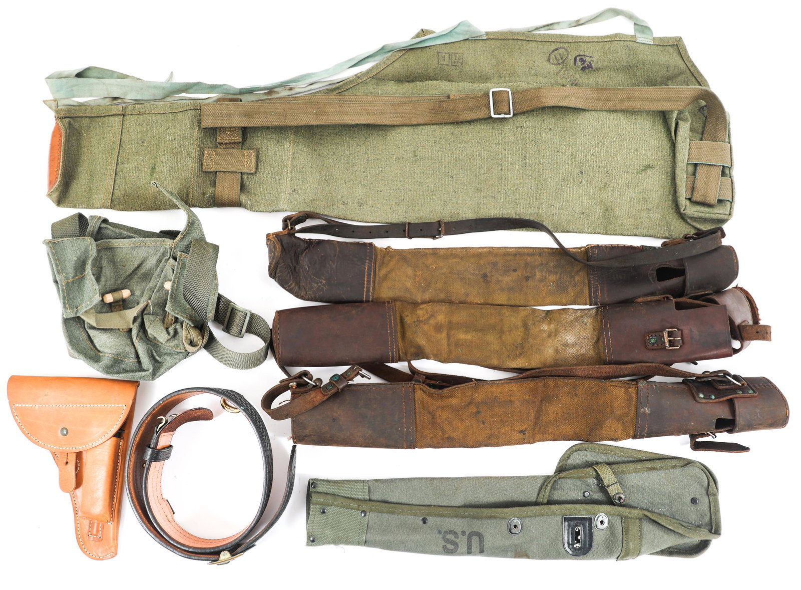 CANVAS AND LEATHER CASES AND BAGS: CANVAS AND LEATHER CASES AND BAGS Lot of canvas and leather cases and bags. Including: Belgian military machine gun barrel case, contemporary production M1 carbine canvas holster, modern leather holst