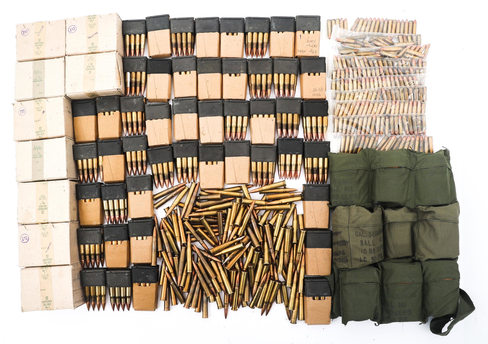 AMMUNITION MIXED RIFLE CALIBERS - 80 POUNDS TGW: AMMUNITION MIXED RIFLE CALIBERS - 80 POUNDS TGW 80 pounds, total gross weight, of rifle ammunition and clips. 30-06 caliber ammunition with M1 Garand en block clips, .30 carbine caliber ammunition wit