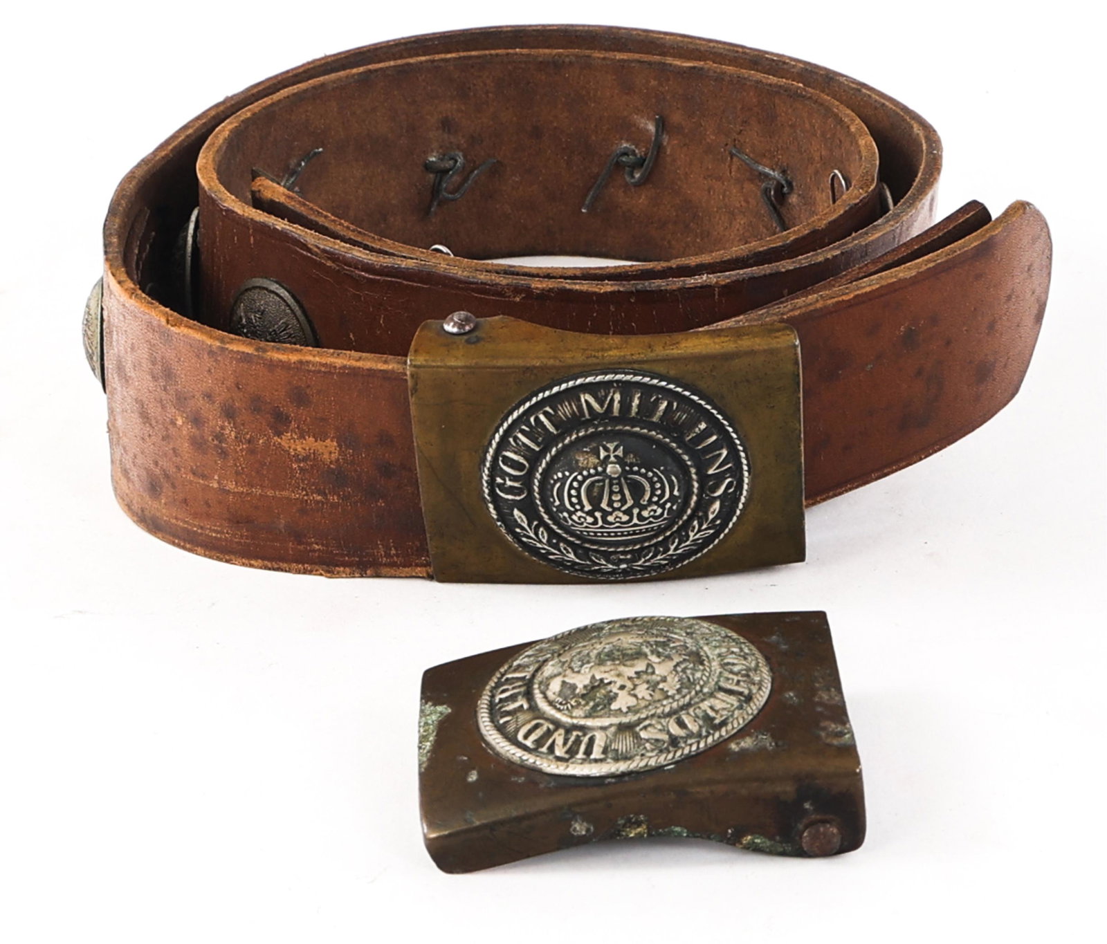 WWI IMPERIAL GERMAN SOUVENIR BELT & EXTRA BUCKLE: WWI IMPERIAL GERMAN SOUVENIR BELT & EXTRA BUCKLE WWI Imperial German Souvenir "Hate" belt and extra buckle. (1) WWI Imperial German Prussian belt with brass buckle and various regimental buttons. (1) 