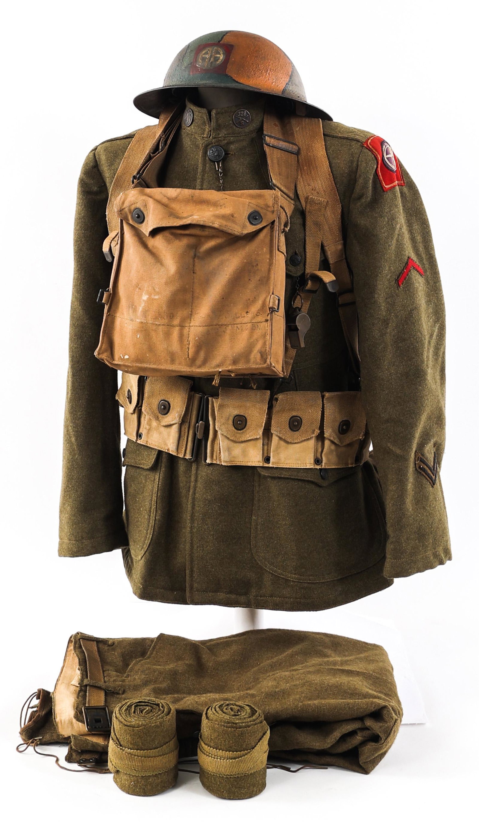WWI US ARMY AEF 82nd INFANTRY DIVISION UNIFORM SET: WWI US ARMY AEF 82nd INFANTRY DIVISION UNIFORM SET WWI US Army AEF 82nd Infantry Division, 323th Infantry Regiment, Complete uniform. Including: (1) WWI P1917 camo combat helmet with 82nd Infantry Div