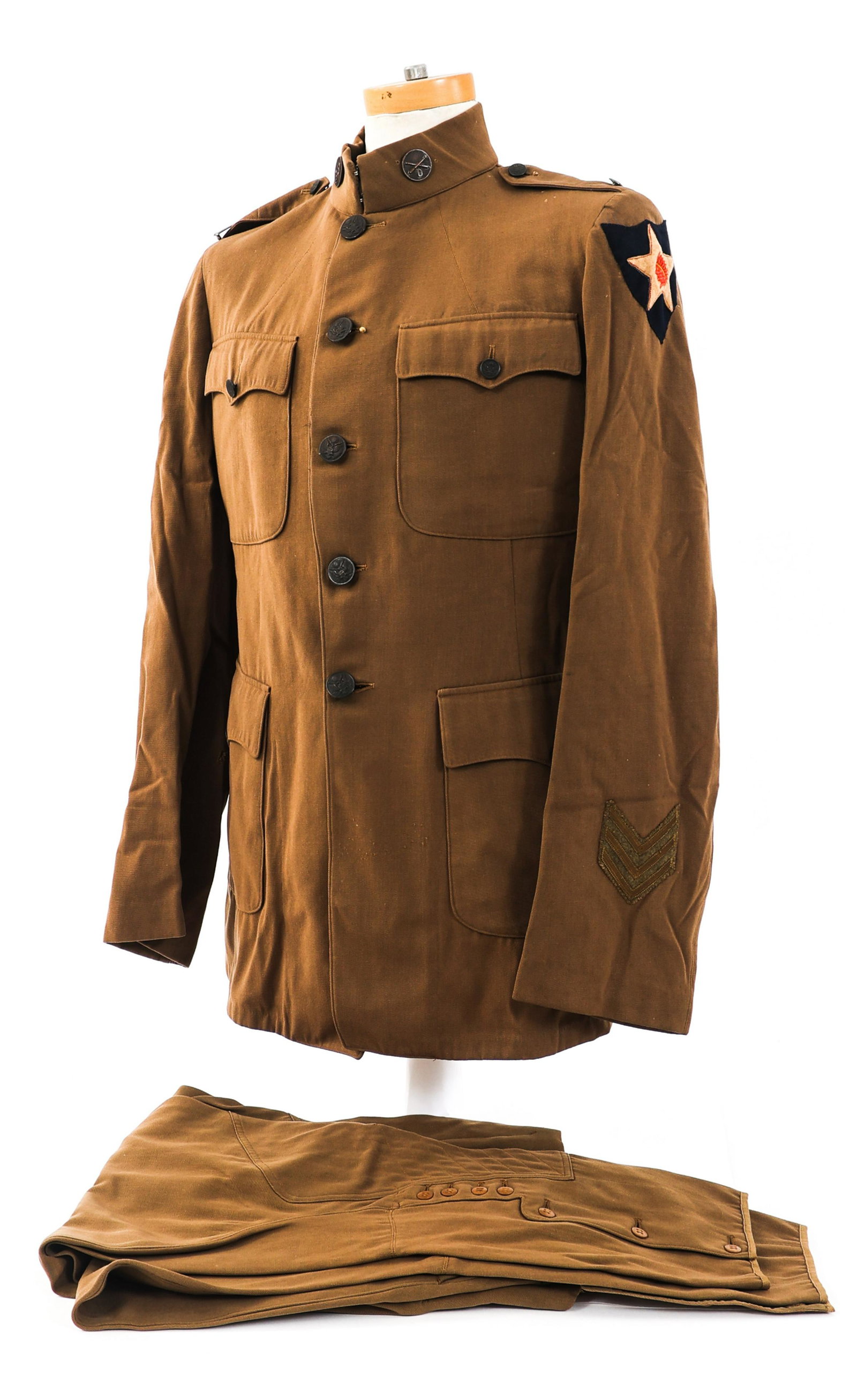 WWI US ARMY AEF 2nd INFANTRY DIVISION UNIFORM: WWI US ARMY AEF 2nd INFANTRY DIVISION UNIFORM WWI US Army AEF Officer 2nd Infantry Division Enlisted Man Uniform. (1) M1917 pattern fine quality wool fabric, tailor made tunic with "US 2" and Artiller