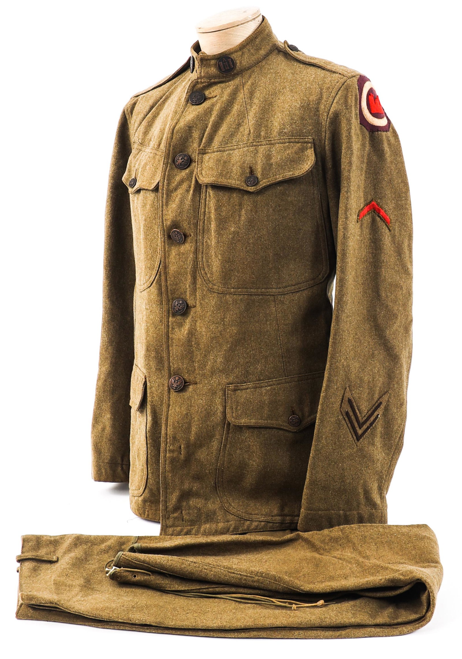 WWI US ARMY AEF OFFICE OF CHIEF ENGINEER UNIFORM: WWI US ARMY AEF OFFICE OF CHIEF ENGINEER UNIFORM WWI US Army AEF Office of the Chief Engineer Enlisted Man Uniform. (1) M1917 wool tunic with "US" and Co "A" Corps of Engineer collar insignia, multipl