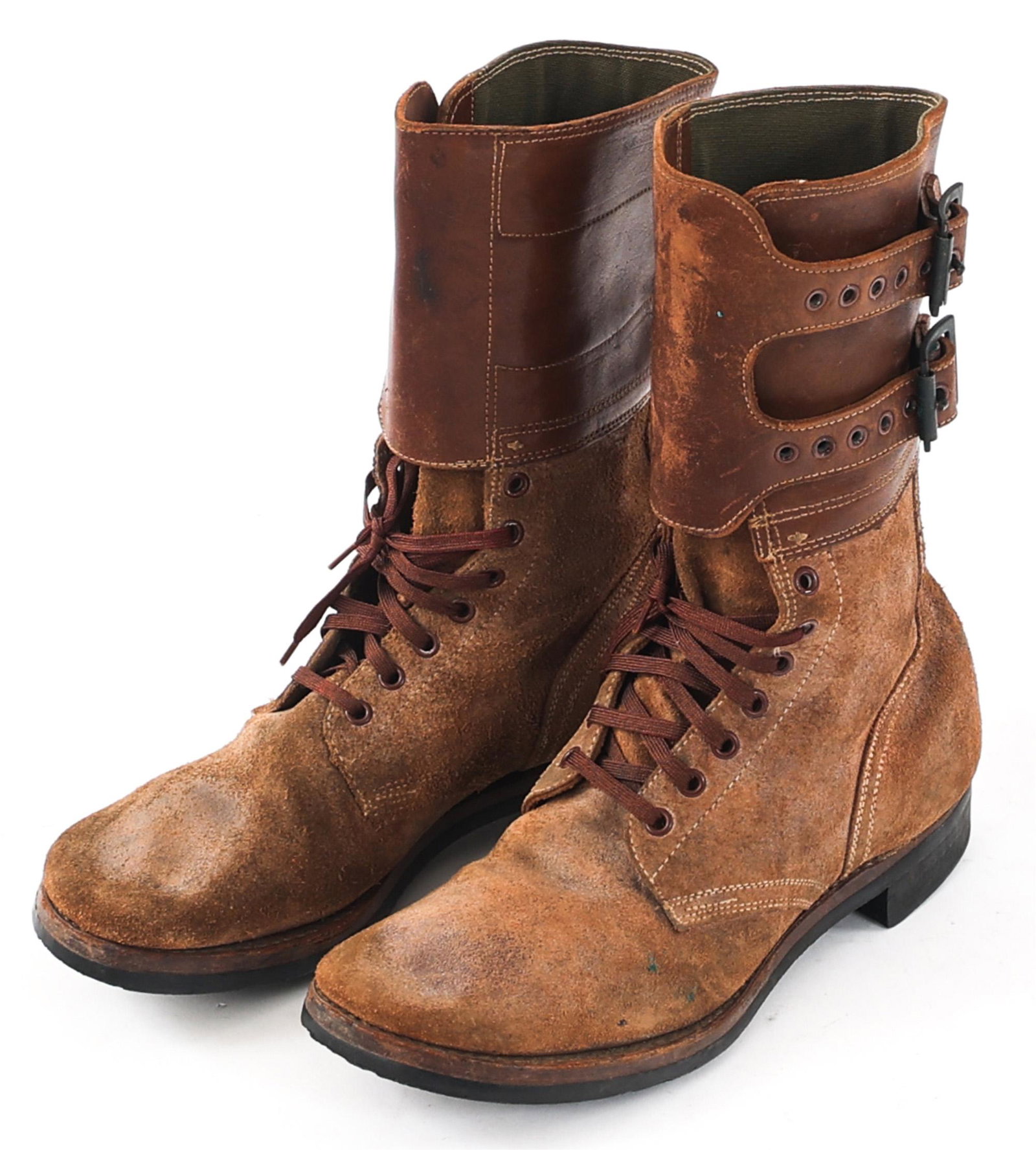 WWII US ARMY M43 DOUBLE BUCKLE LEATHER BOOTS: WWII US ARMY M43 DOUBLE BUCKLE LEATHER BOOTS WWII US Army M43 Double Buckle Boots. Brown leather construction with double buckles. Maker marked by Endicott - Johnson. Depot markings present, dated 194