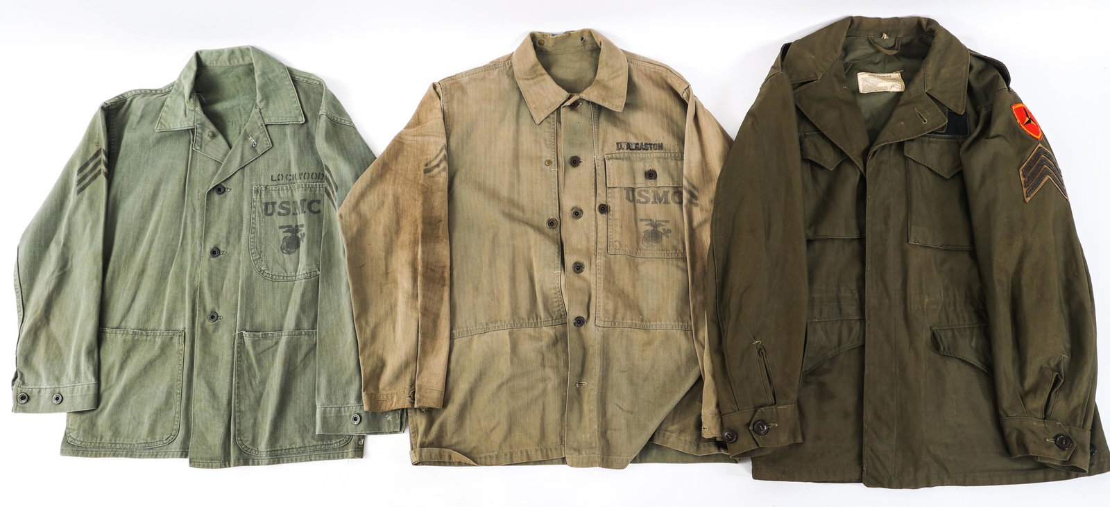 WWII USMC FIELD JACKET & HBT UNIFORM LOT OF 3: WWII USMC FIELD JACKET & HBT UNIFORM LOT OF 3 Lot of 3 WWII USMC Field Jacket and HBT Uniforms. (1) M-1943 Field jacket with Sergeant rank stripes and 3rd Marine Div. shoulder patch. (1) USMC P41 HBT 