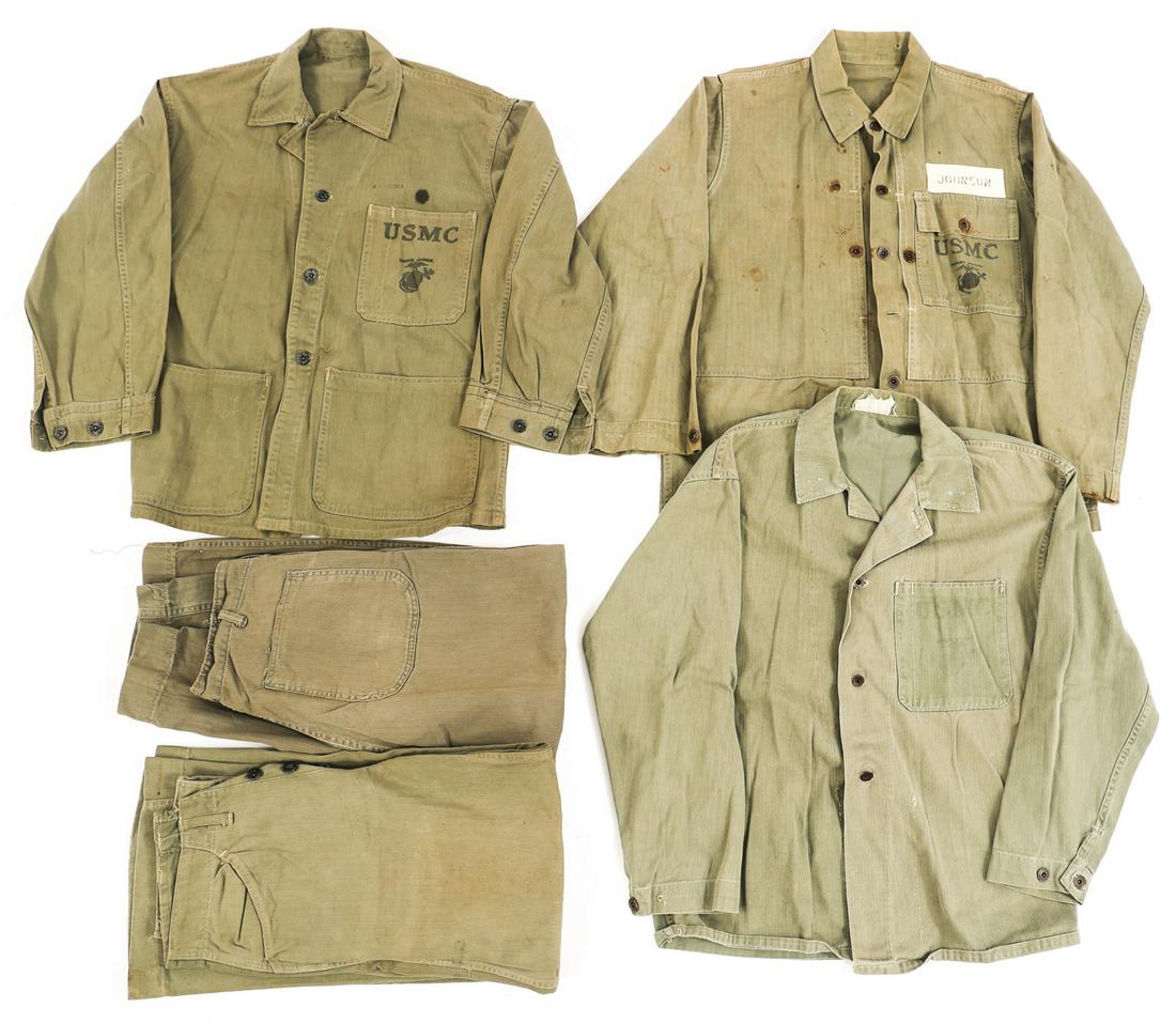 WWII US MARINE CORPS P41 & P44 HBT SHIRT & PANTS: WWII US MARINE CORPS P41 & P44 HBT SHIRT & PANTS Lot of 5 WWII US Marine Corps HBT Uniforms. (1) WWII USMC P41 HBT combat shirt size 38. (1) WWII USMC P44 HBT combat shirt with "Johnson" name tag, siz