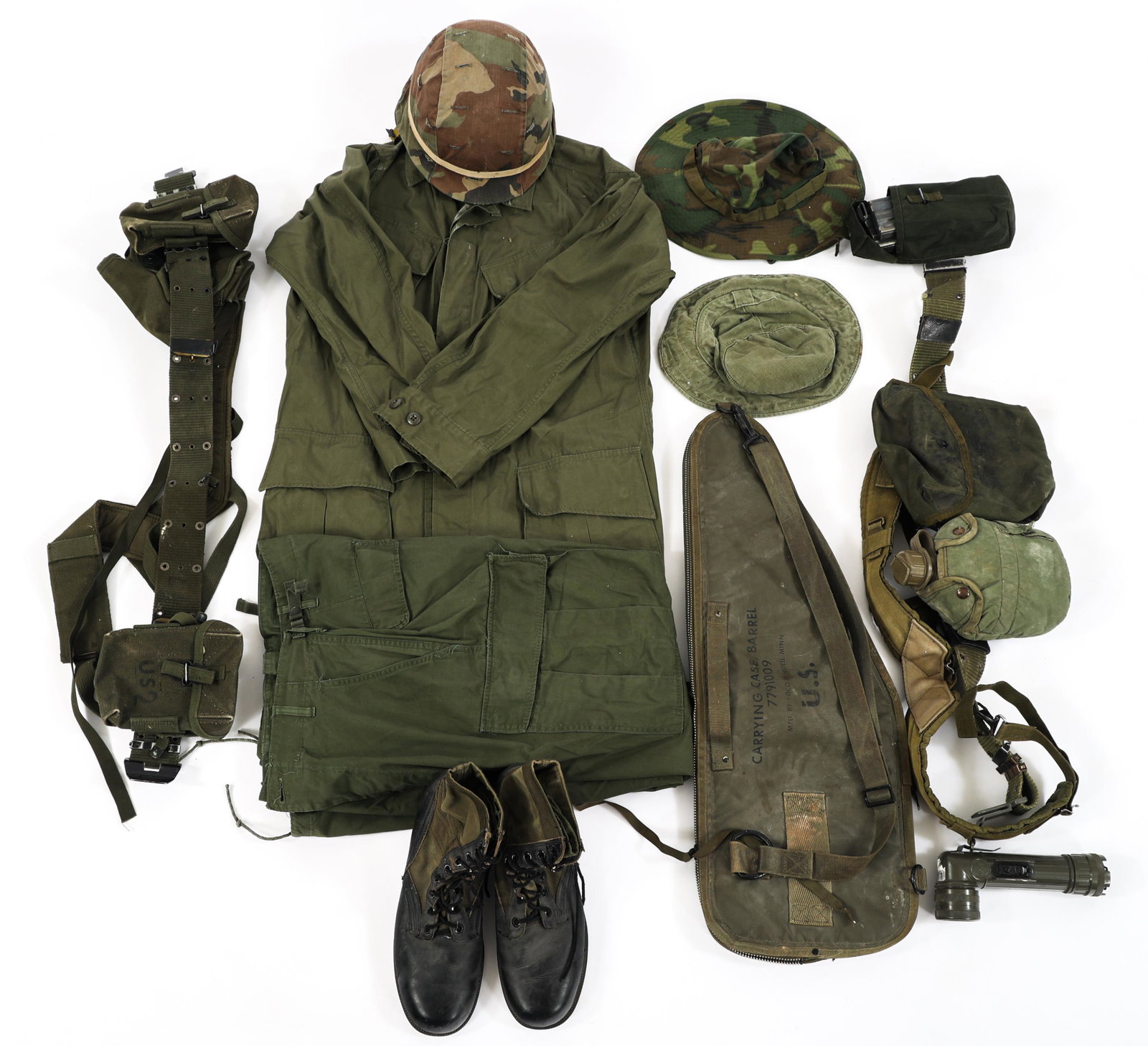 VIETNAM - COLD WAR US ARMY JUNGLE JACKET & GEAR: VIETNAM - COLD WAR US ARMY JUNGLE JACKET & GEAR Vietnam War US Army Utility Uniform and Field Gear. (1) Type III Jungle Jacket with trousers. OD green, non-rip-stop and covered buttons. (1) Pair of Co