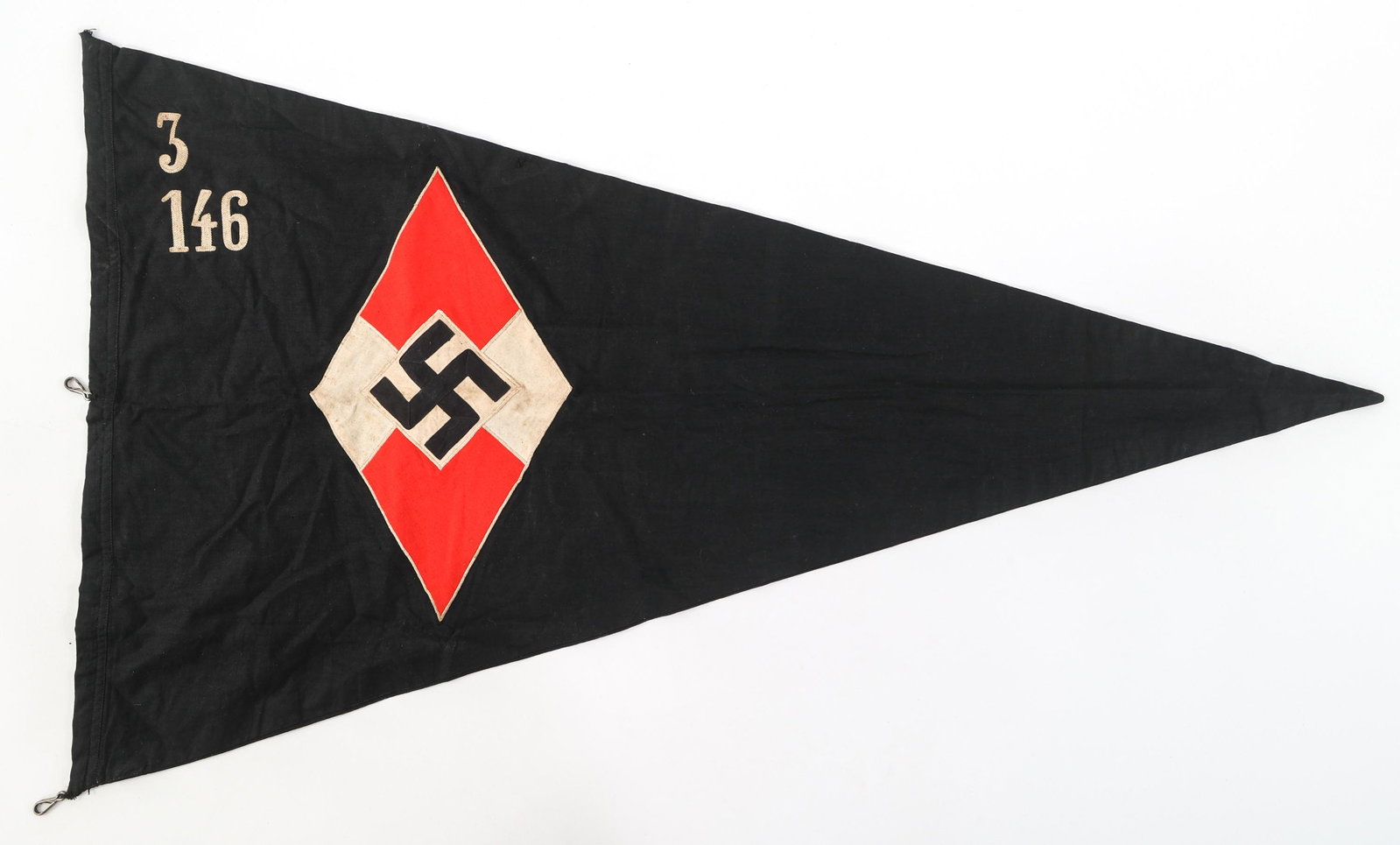WWII GERMAN HITLER YOUTH 17/289 UNIT FLAG PENNANT: WWII GERMAN HITLER YOUTH 17/289 UNIT FLAG PENNANT WWII German Hitler Youth 17 / 289 Unit Flag Pennant. Double sided, multiple piece construction cotton fabric. Size: 29" x 39"