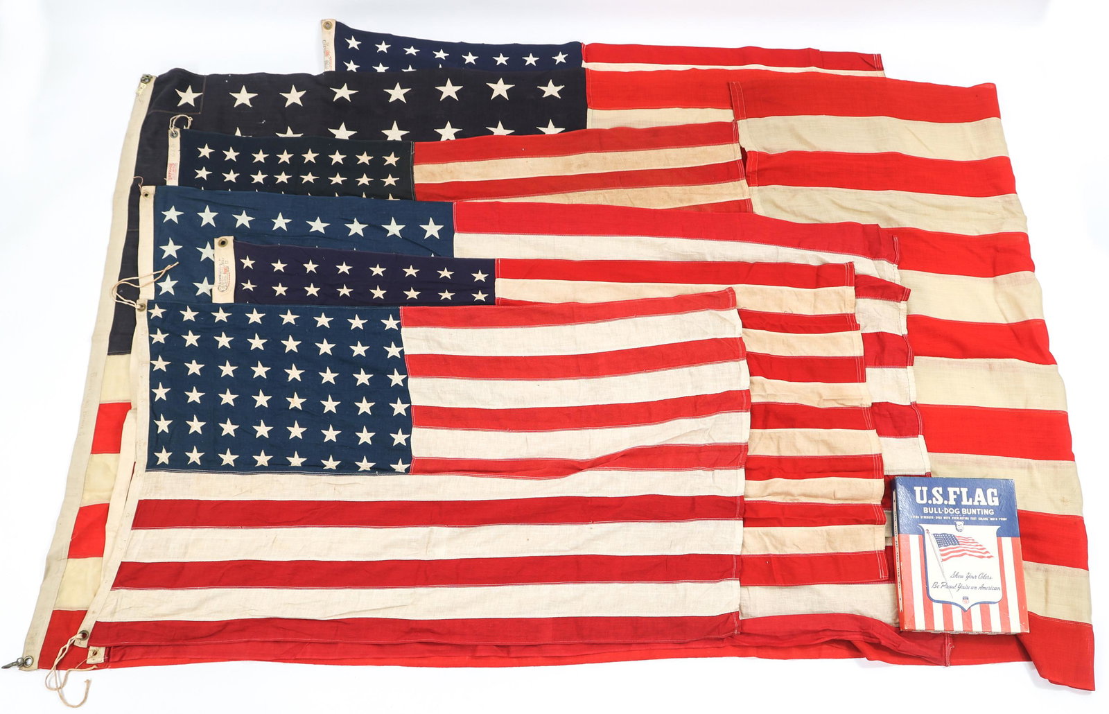 WWII 48-STAR AMERICAN FLAGS LOT OF 6: WWII 48-STAR AMERICAN FLAGS LOT OF 6 WWII 48-Star American flags, Lot of 6. Various manufacturing styles including: printed, embroidered and sewn stars on cotton. Stripes are multiple piece constructi