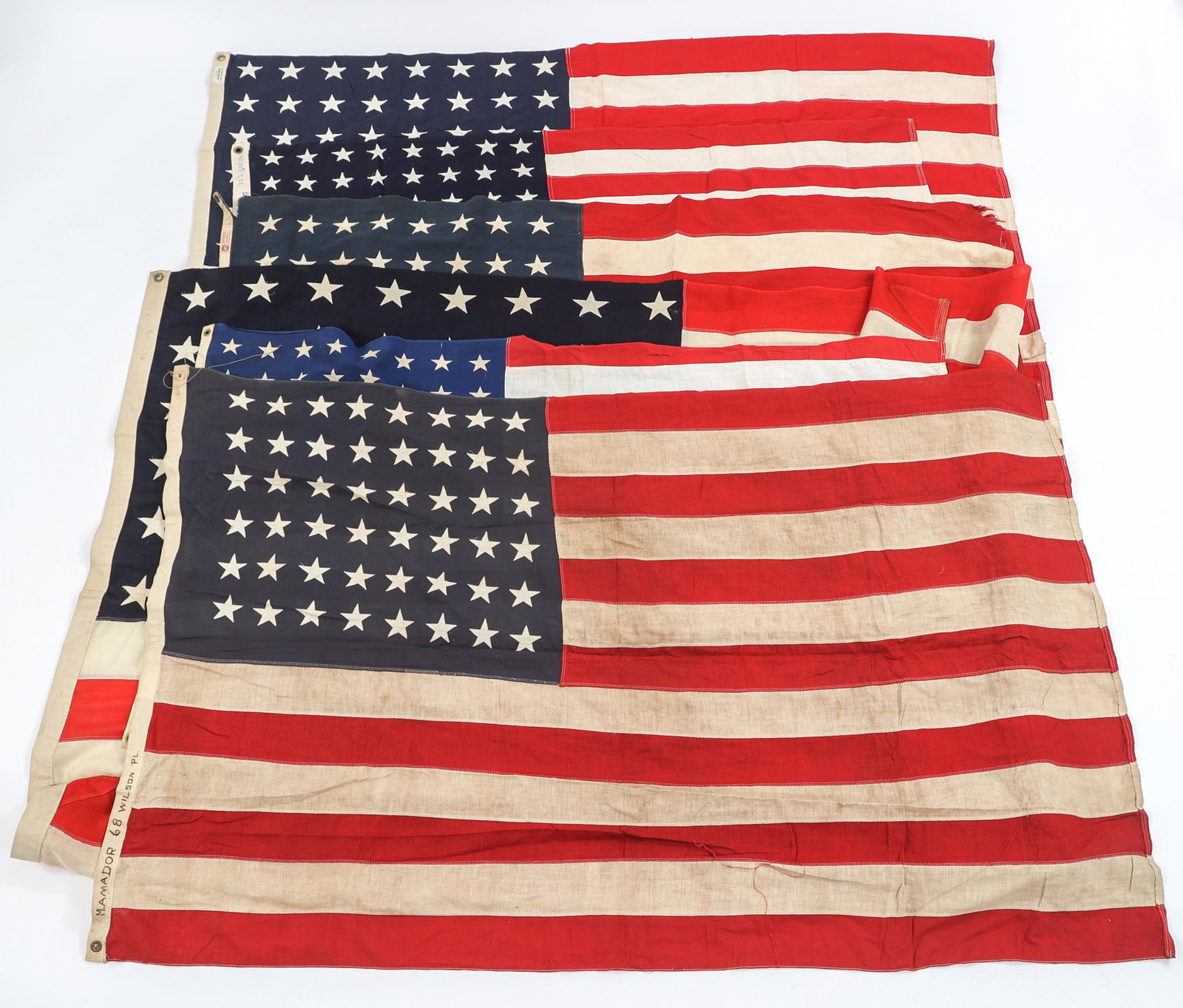 WWII 48-STAR AMERICAN FLAGS LOT OF 6: WWII 48-STAR AMERICAN FLAGS LOT OF 6 WWII 48-Star American flags, Lot of 6. Various manufacturing styles including: printed and sewn stars on cotton. Stripes are multiple piece construction. Sizes ran