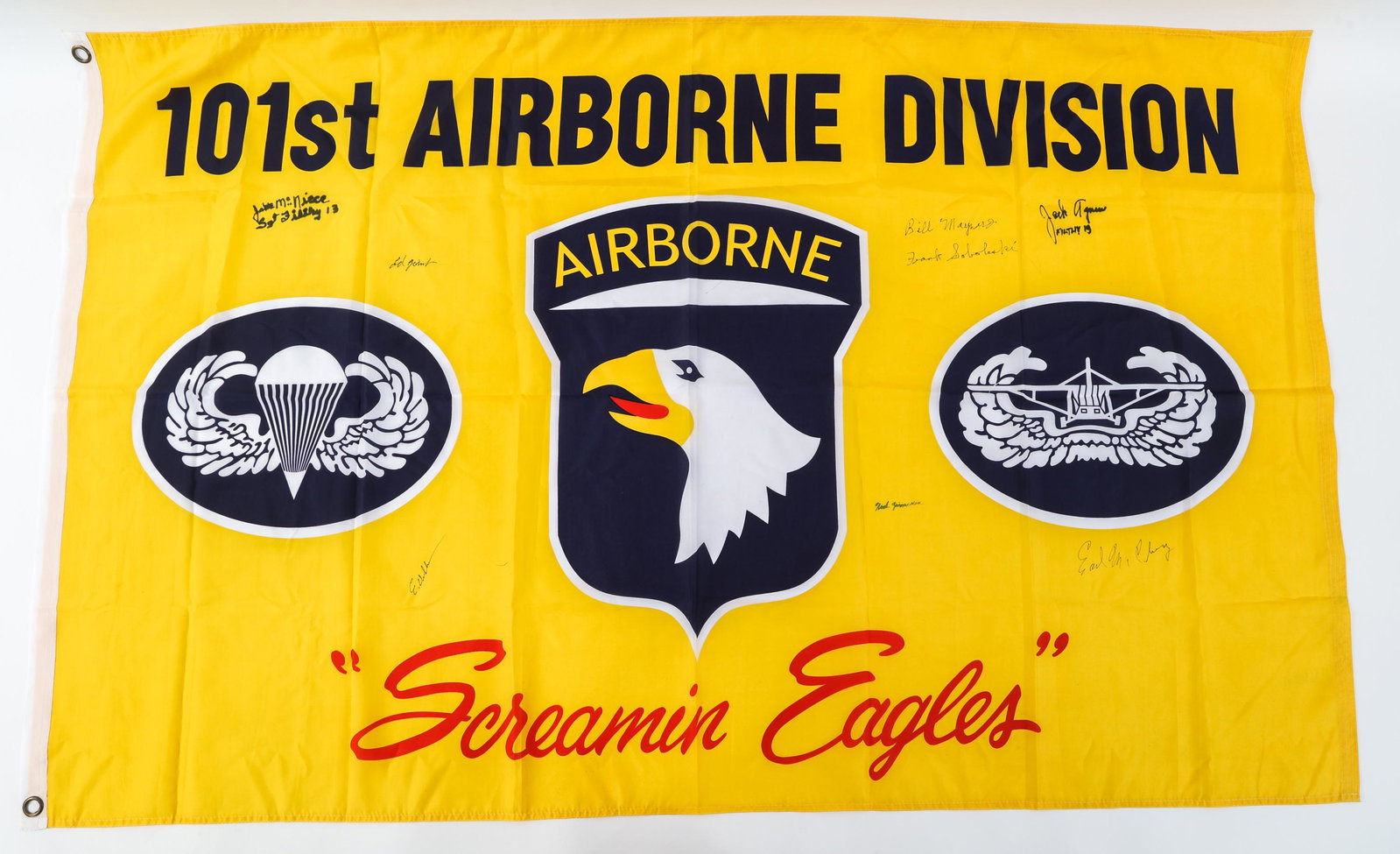 US ARMY 101st ABN FILTHY 13 SIGNED REUNION FLAG: US ARMY 101st ABN FILTHY 13 SIGNED REUNION FLAG US Army 101st "Screamin Eagles" Airborne Division Filthy 13 Signed Reunion Flag. Modern production, one piece printed construction. Signed by 2 members 
