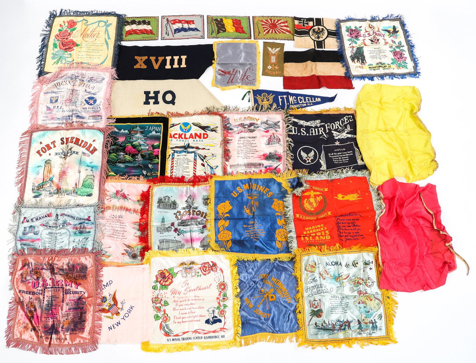 WWII - COLD WAR US ARMED FORCES MOTHER PILLOW LOT: WWII - COLD WAR US ARMED FORCES MOTHER PILLOW LOT Mixed lot of WWII - Cold War US Armed Forces Souvenir Mother Pillows, pennant, small flags and Army Corps Guidon. Size: Various