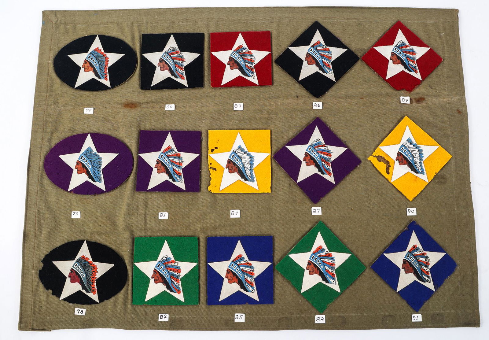 WWI USMC AEF 2nd DIVISION PATCHES LOT OF 15: WWI USMC AEF 2nd DIVISION PATCHES LOT OF 15 Lot of 15 WWI Soft Framed Full set of US Marine Corps AEF 2nd Infantry Division, 5th and 6th Marines Patches. Hand painted Indian heads on white canvas star