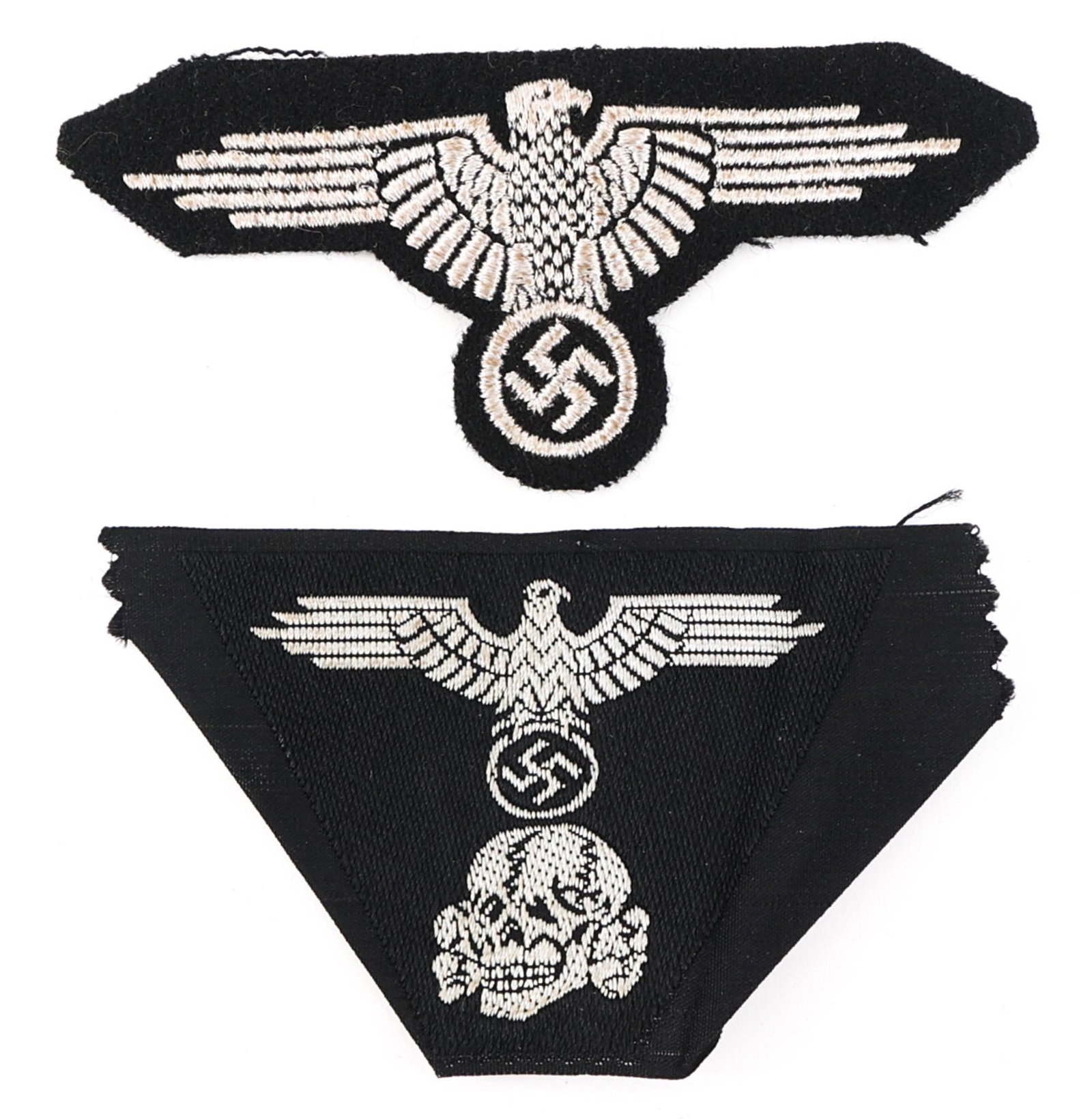 WWII GERMAN WAFFEN SS TRAPEZOID & SLEEVE INSIGNIA: WWII GERMAN WAFFEN SS TRAPEZOID & SLEEVE INSIGNIA WWII German Waffen SS Panzer Trapezoid Bevo Cap Insignia and Sleeve Eagle, cotton embroidered on felt Patch.