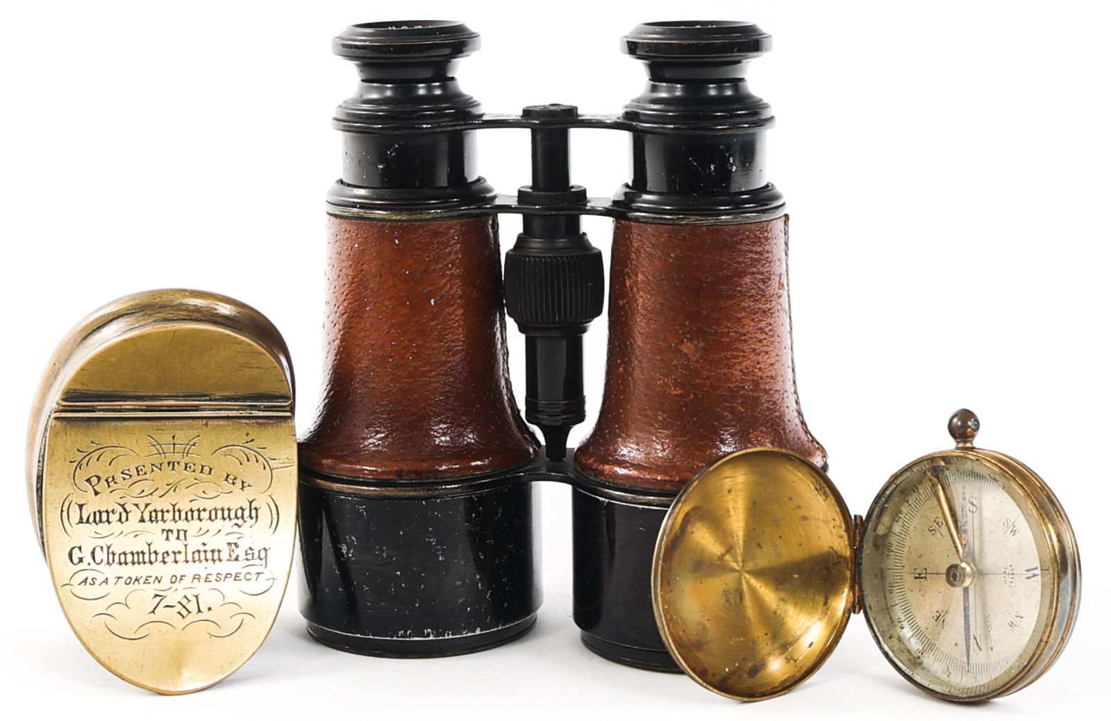 LORD YARBOROUGH SNUFF BOX, BINOCULARS, & COMPASS: LORD YARBOROUGH SNUFF BOX, BINOCULARS, & COMPASS 19th Century Lord Yarborough Boer War Snuff Box, Binoculars and Compass. (1) Boer War Snuff Box. Brass construction, engraved on the lid "Presented By