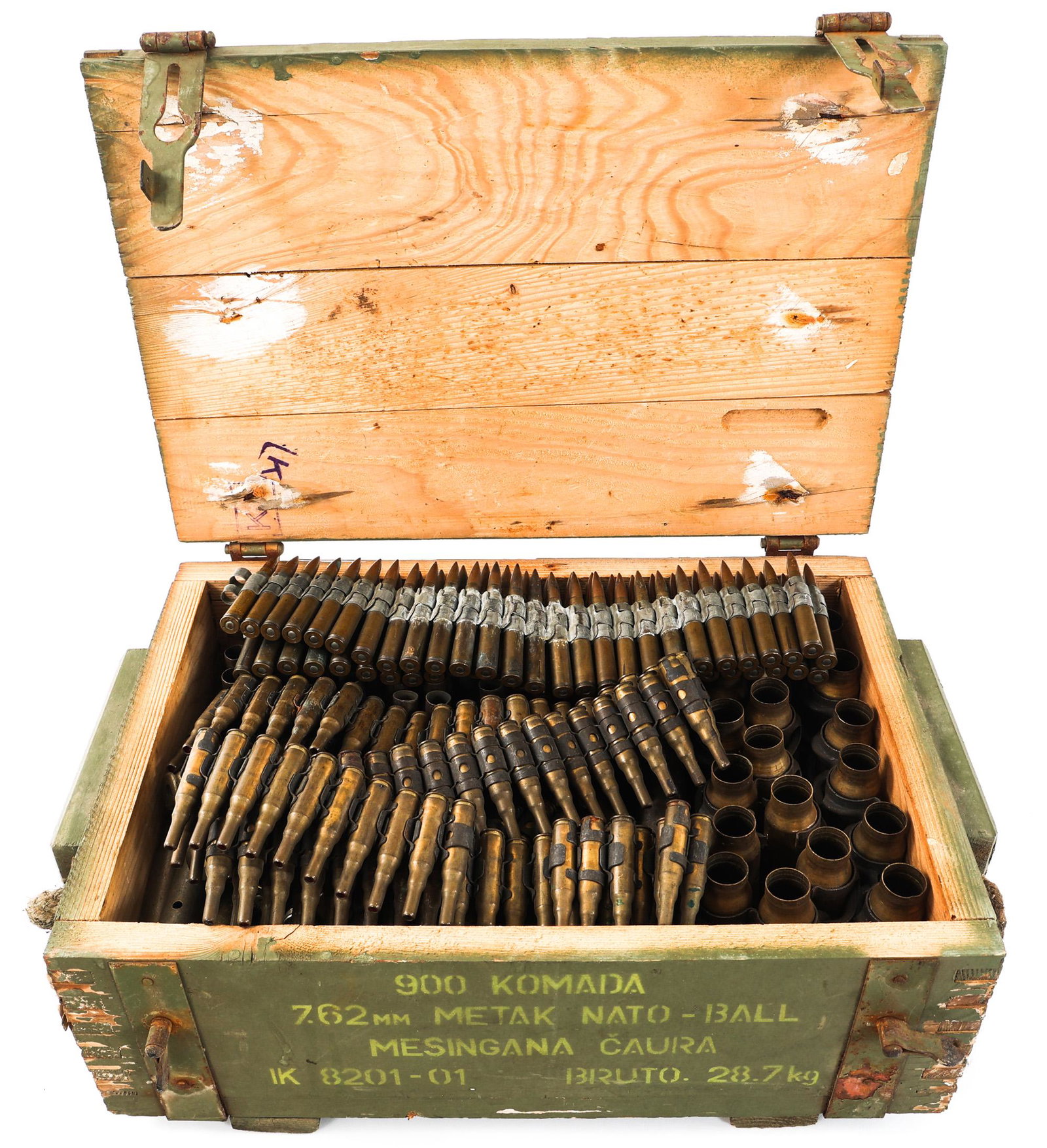 WWII - COLD WAR WOODEN CRATE OF ASSORTED AMMO: WWII - COLD WAR WOODEN CRATE OF ASSORTED AMMO WWII - Cold War Wooden Crate of Assorted Ammunition and Shell Casings. Includes 20mm, .50 cal, .30 cal variants, Training rounds and more. Some are linked