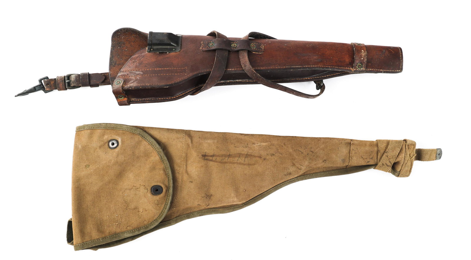 WWII US ARMY M1A1 CARBINE JUMP POUCH & SCABBARD: WWII US ARMY M1A1 CARBINE JUMP POUCH & SCABBARD Lot of 2 WWII US Army M1 carbine Scabbards. (1) WWII US Paratrooper's M1A1 carbine jump pouch. OD3 khaki canvas with OD7 border. No visible marking. (1)