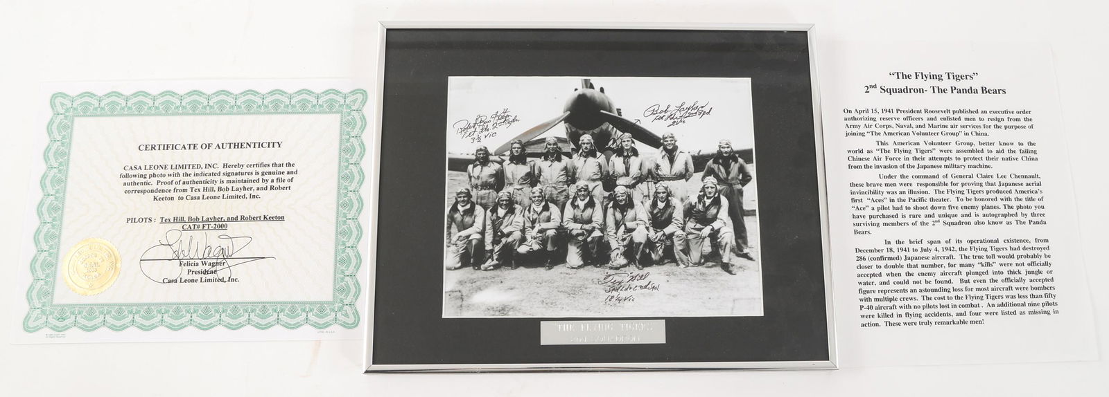 VOLUNTEER FLYING TIGERS SIGNED GROUP PHOTO: VOLUNTEER FLYING TIGERS SIGNED GROUP PHOTO Framed US Volunteers to China "Flying Tiger" 2nd Squadron Signed Group Photo. Hand signed (in black marker) by aviators Tex Hill, Bob Layher and Robert Keeto