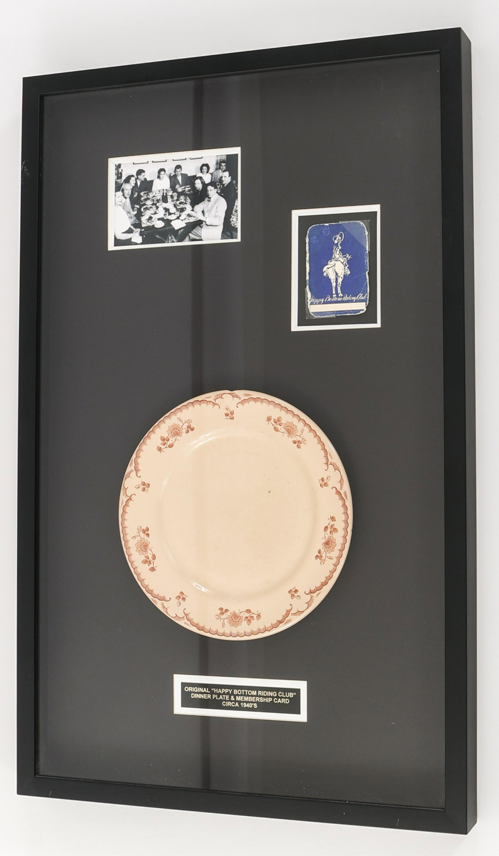 CHUCK YEAGER BREAKS SOUND BARRIER DINNER PLATE: CHUCK YEAGER BREAKS SOUND BARRIER DINNER PLATE Framed Pancho Barnes' Happy Bottom Riding Club dinner Plate used at the dinner gathering organized by Pancho Barnes for Chuck Yeager when Yeager broke th