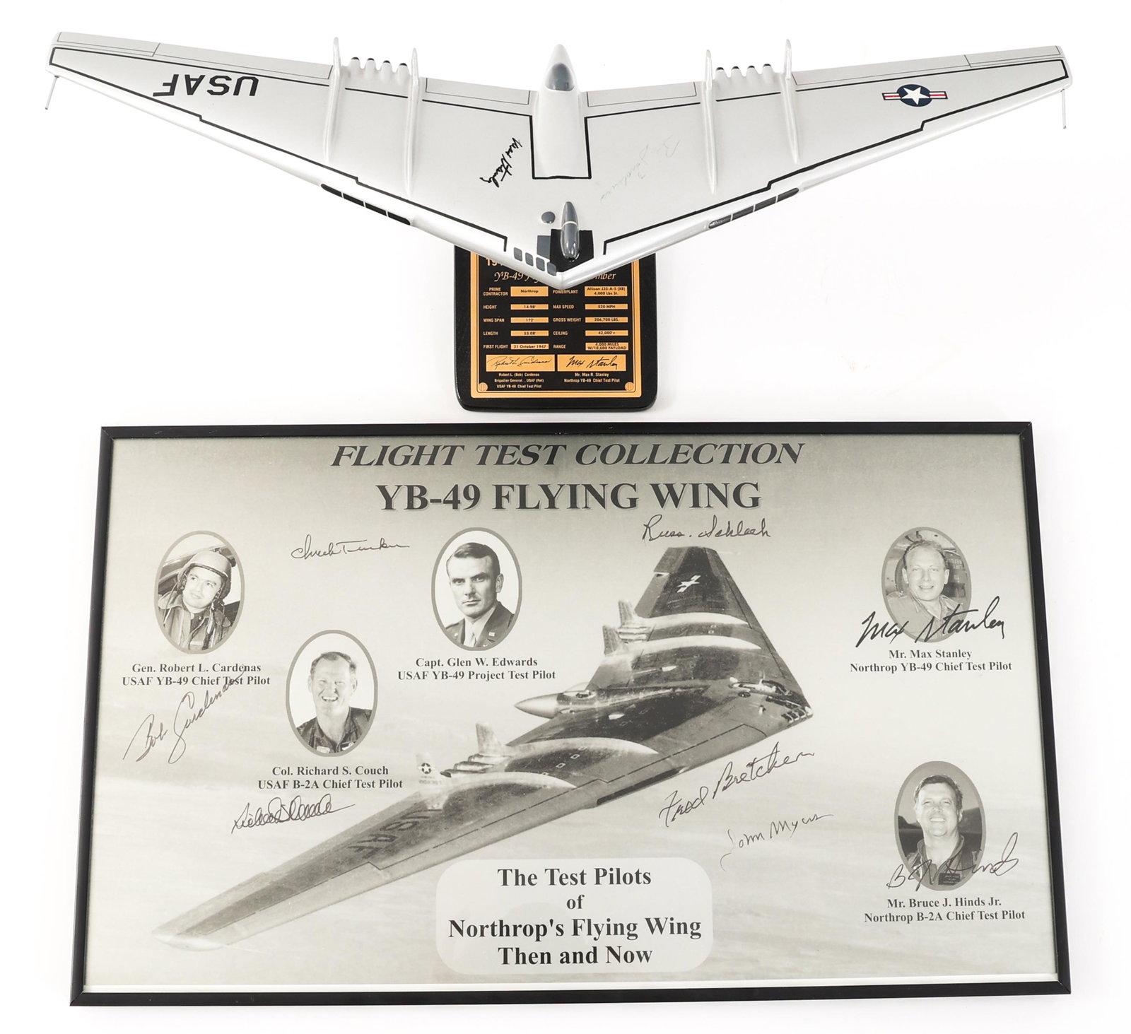 NORTHROP YB-49 FLYING WING BOMBER SIGNED MODEL: NORTHROP YB-49 FLYING WING BOMBER SIGNED MODEL Northrop YB-49 Flying Wing Bomber Signed Scale Model. 1/100 Scale model with data placard. Hand signed (in black & green marker) by test pilots Brigadier