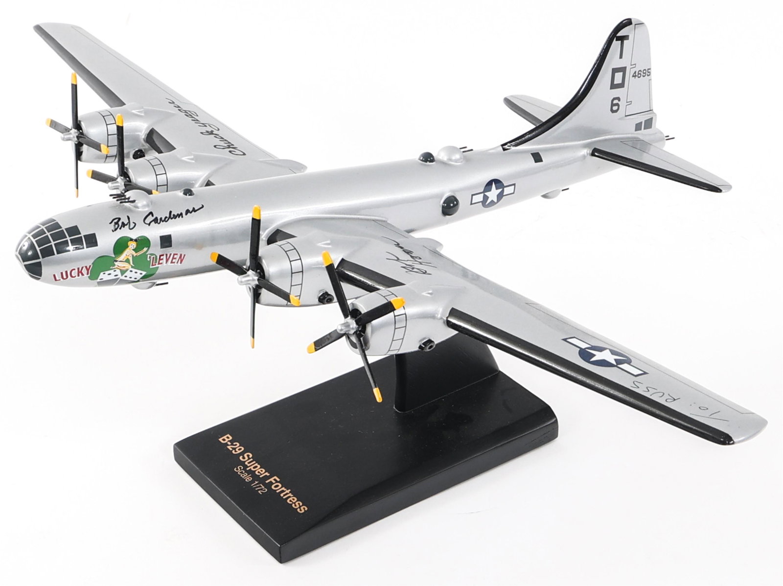 USAF B-29 SUPERFORTRESS MODEL SIGNED by YEAGER: USAF B-29 SUPERFORTRESS MODEL SIGNED by YEAGER USAF B-29 Super Fortress Model Airplane Signed by Chuck Yeager. 1/72 scale with stand. Hand Signed (in black marker) by Yeager, Bob Hoover and Bob Carden