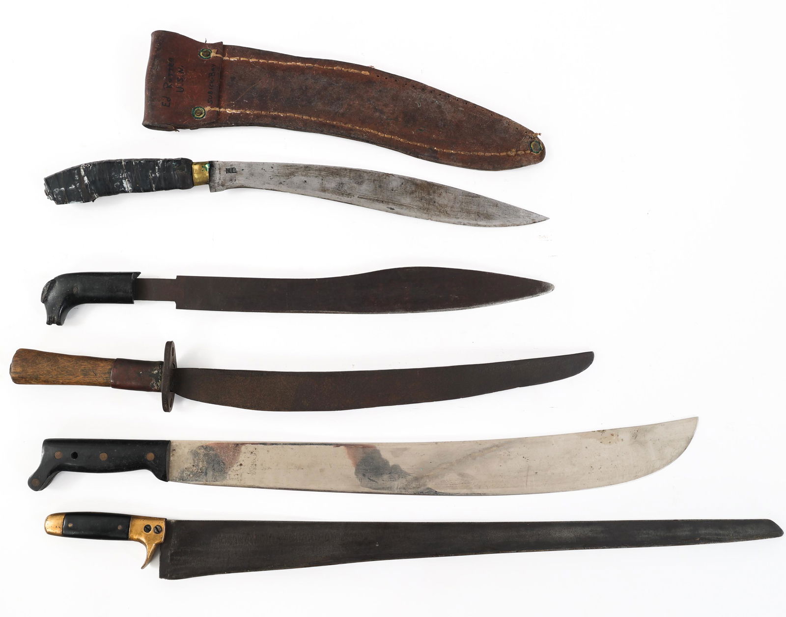 19th C. - WWII WORLD MACHETE LOT OF 5: 19th C. - WWII WORLD MACHETE LOT OF 5 Lot of 5 19th Century - WWII Machetes. Includes theater made and Cordero makers. Blade Length: 14 1/2" to 25" | Total Length: 21 1/4" to 30"