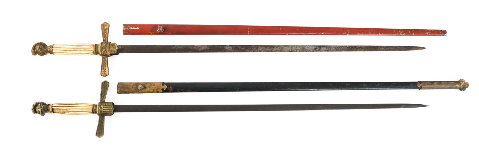 19th C. US STATE MILITIA SWORD LOT OF 2: 19th C. US STATE MILITIA SWORD LOT OF 2 Lot of 2 19th Century US Militia Swords. (1) Militia Sword. Double edged, blued blade. Maker marked by WKC on the ricasso. Brass hilt. Crossguard with stars and
