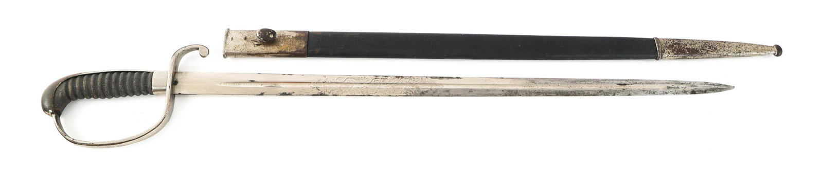 WWI IMPERIAL GERMAN BAVARIAN POLICE SWORD: WWI IMPERIAL GERMAN BAVARIAN POLICE SWORD World War I Imperial Germany, Bavarian Police Sword. Double edged, straight blade with central fuller. Dual acid etching "InTreue Fest". Maker marked inside t