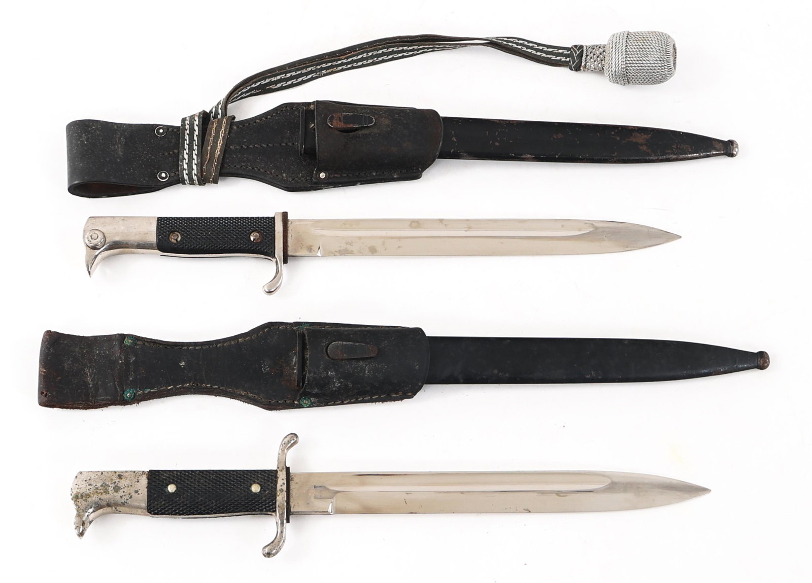 WWII GERMAN ARMY & FIRE POLICE K98 DRESS BAYONETS: WWII GERMAN ARMY & FIRE POLICE K98 DRESS BAYONETS Lot of 2 WWII German K98 Dress Bayonets. (1) WWII German Army K98 dress bayonet. Spear point, bright, straight blade with fuller. Maker Marked E.Pack 