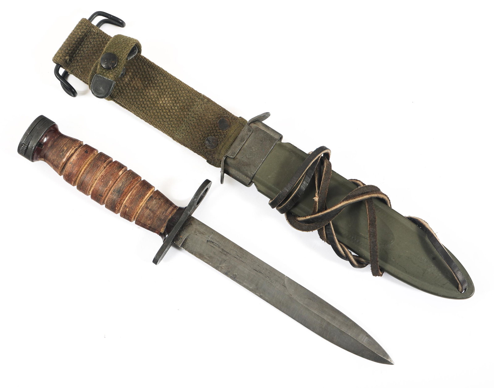 WWII US ARMY M4 BAYONET & SCABBARD BY IMPERIAL: WWII US ARMY M4 BAYONET & SCABBARD BY IMPERIAL WWII US Army M4 bayonet for M1 carbine. Parkerized blade, stacked leather handle. Stamped "U.S M4 Imperial" under the guard. USM8A1 scabbard. Blade Lengt