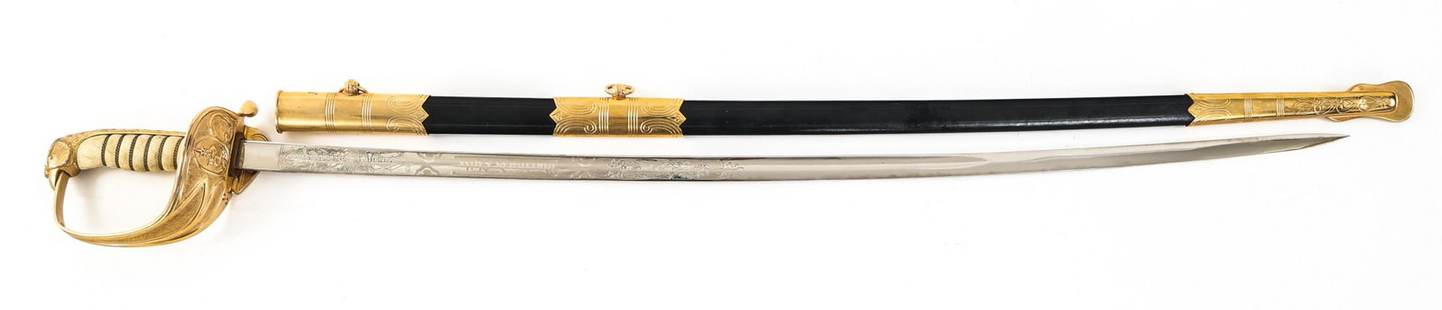COLD WAR CHILEAN MARINE CORPS OFFICER SWORD: COLD WAR CHILEAN MARINE CORPS OFFICER SWORD Cold War Chilean Marine Corps Officer Sword. Single edged, bright, slightly curved blade with fuller. Triple acid etching with "Marina de Chile" on one side