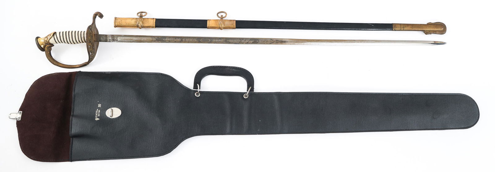 COLD WAR M1858 US COAST GUARD OFFICER SWORD: COLD WAR M1858 US COAST GUARD OFFICER SWORD Cold War US M1858 Coast Guard Officer Sword. Single edged, bright blade with fuller. Triple acid etching with "USCG", anchor and flag on both sides of the b