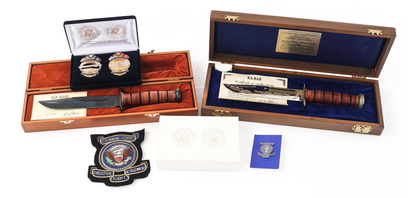 COLD WAR - MODERN USMC PRESIDENTIAL BADGE & KA-BAR: COLD WAR - MODERN USMC PRESIDENTIAL BADGE & KA-BAR Cold War - Modern USMC Commemorative Presidential Badge & Ka-Bar Knife. (1) 200th Anniversary USMC Ka-Bar Knife Serial Numbered "0818" out of 2500. B