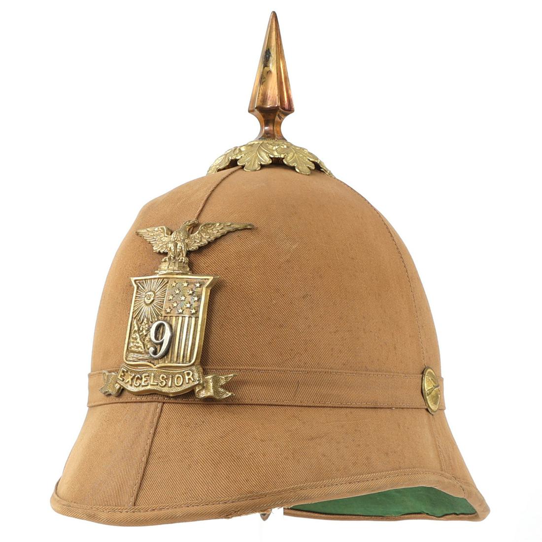 SPAN-AM WAR NY NATIONAL GUARD M1889 PITH HELMET: SPAN-AM WAR NY NATIONAL GUARD M1889 PITH HELMET Spanish American War US New York National Guard M1889 Summer Pith Helmet. Pressed cardboard, Khaki canvas fabric covered shell. Brass removable spike, i