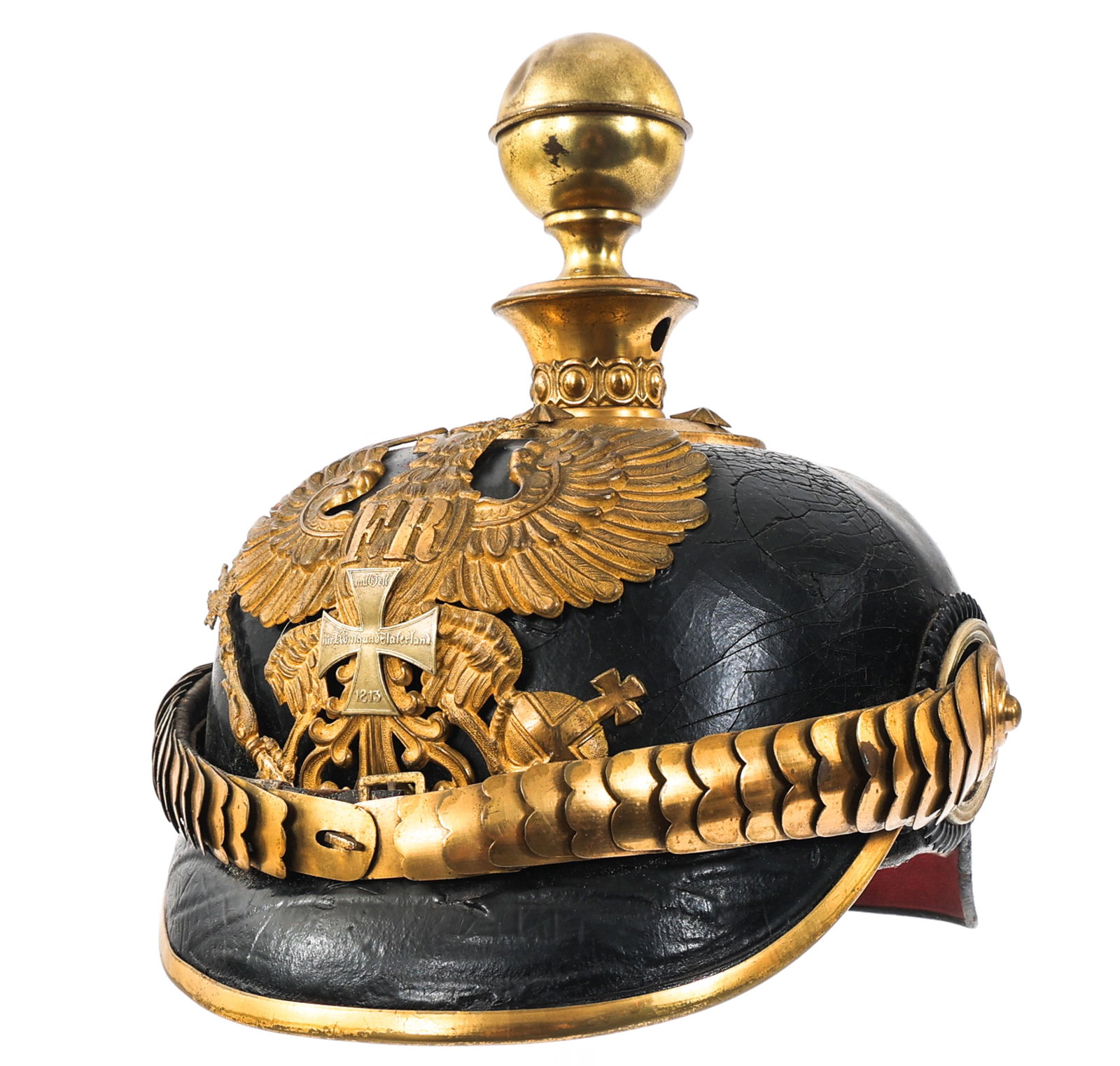 IMPERIAL GERMAN ARTILLERY OFFICER PICKELHAUBE: IMPERIAL GERMAN ARTILLERY OFFICER PICKELHAUBE Imperial German Prussian Artillery Reserve Officer Pickelhaube. Leather shell with gilded (tarnished) brass Artillery Officer spike, rear spine, visor tri
