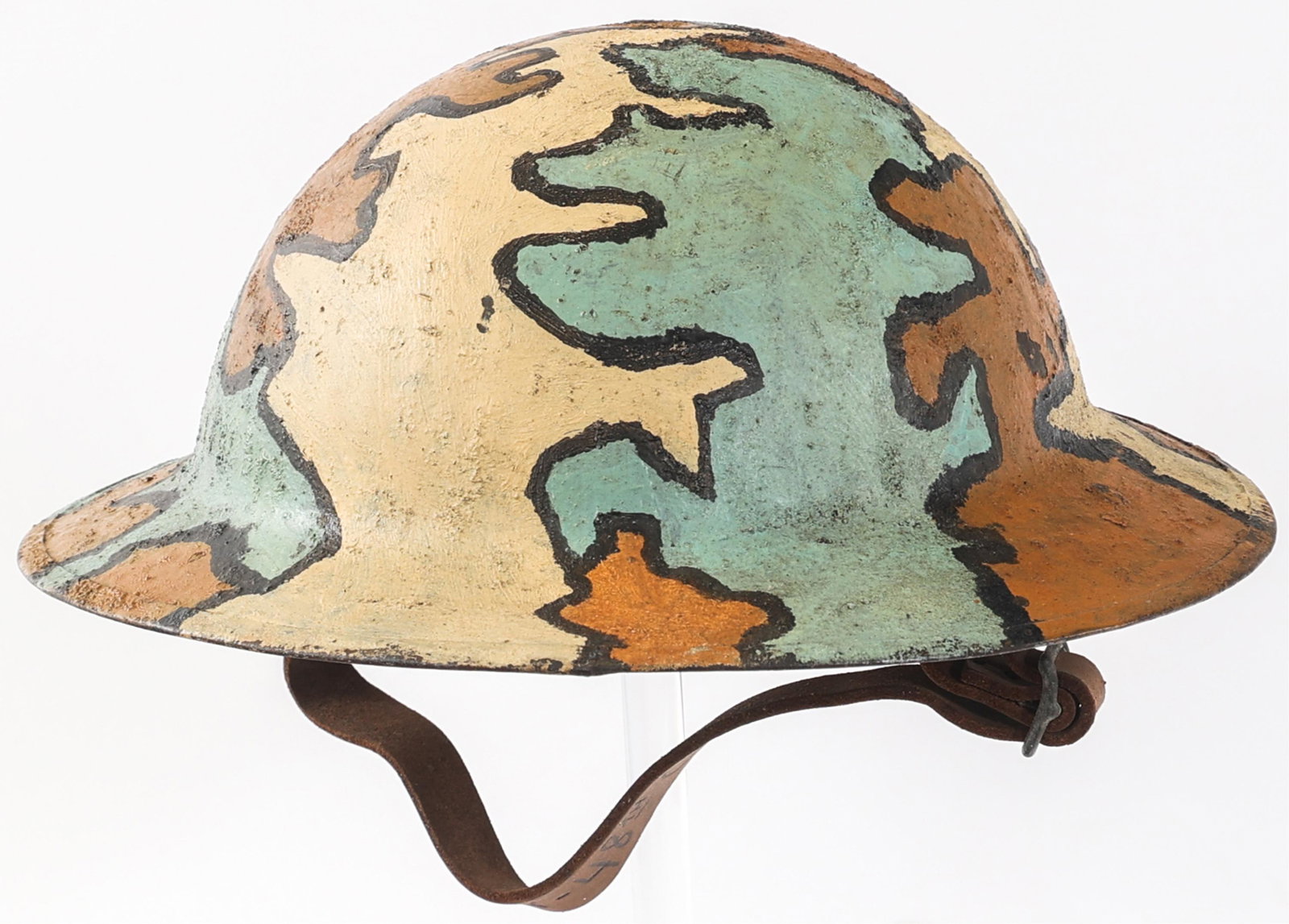 WWI US ARMY AEF M1917 NAMED CAMO HELMET: WWI US ARMY AEF M1917 NAMED CAMO HELMET WWI US Army AEF M1917 Camo Helmet. Post war veteran painted outer shell. No visible marks. Complete liner with chinstrap marked "HPJ Espersen-48th C.A.C Chicago