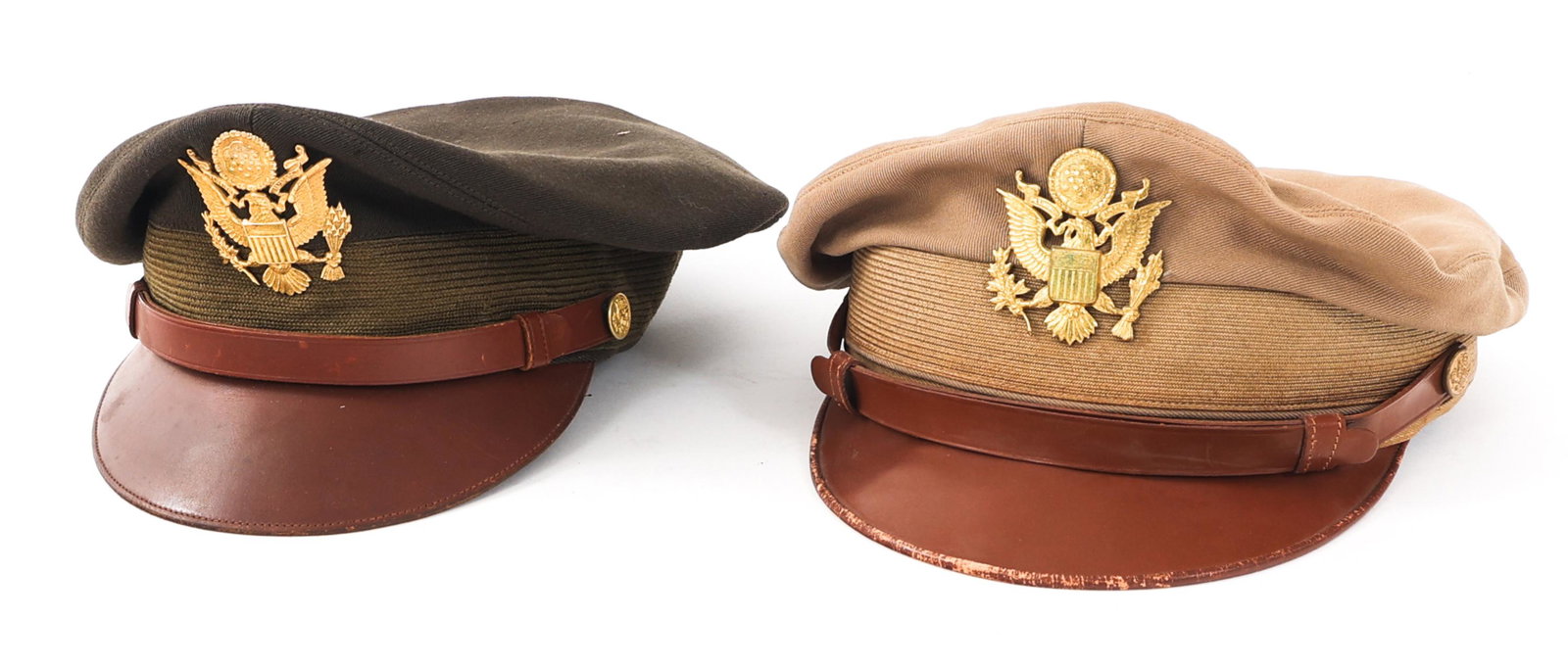 WWII US ARMY OFFICER'S CRUSHER CAP LOT OF 2: WWII US ARMY OFFICER'S CRUSHER CAP LOT OF 2 Lot of 2 US Army Air Force Pilot Officer's Crusher Caps. Summer khaki made by Stork Club and Winter OD by Luxenberg. Wool and cotton construction with soft 