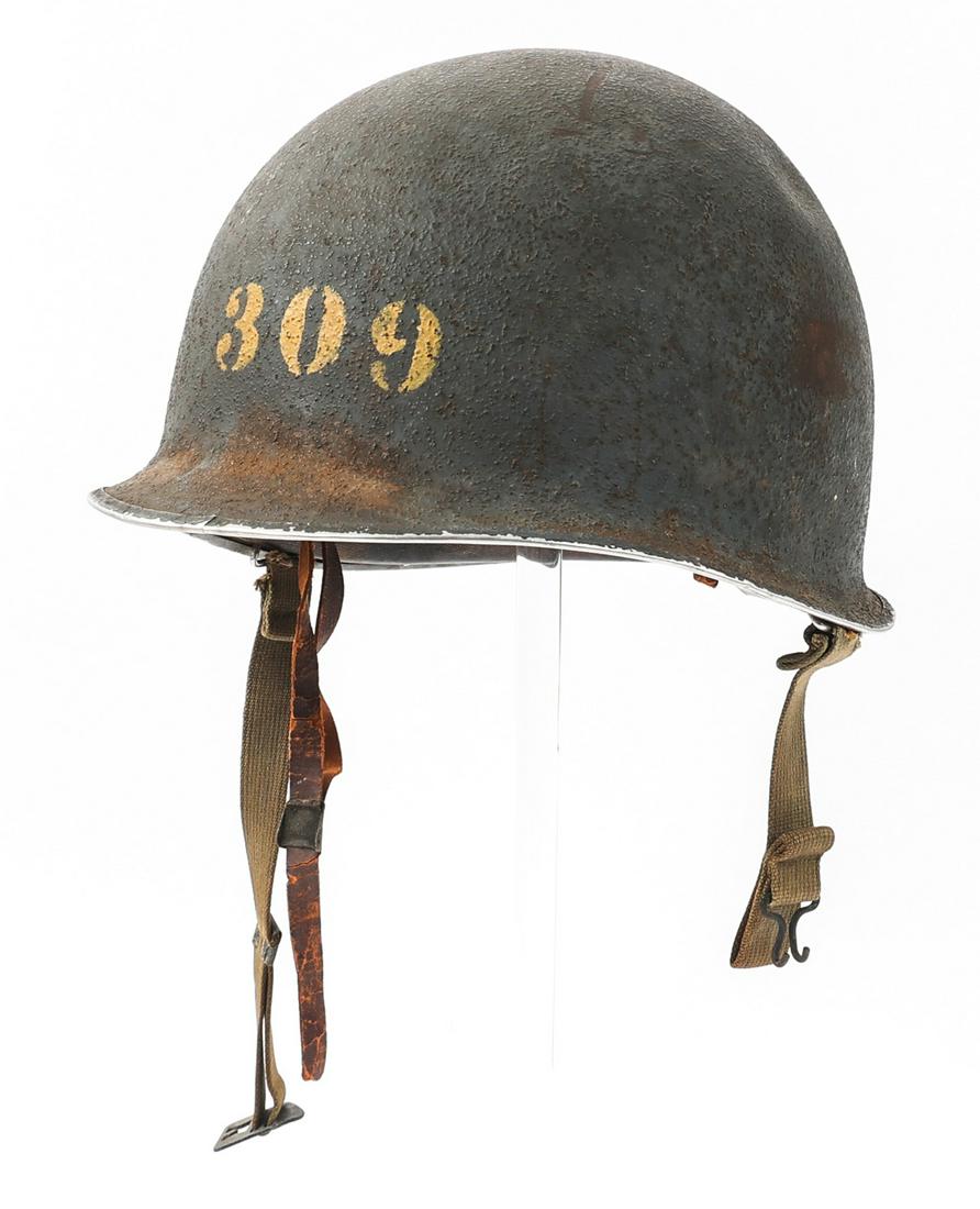 WWII US NAVY NORMANDY LST-309 MACHINIST M1 HELMET: WWII US NAVY NORMANDY LST-309 MACHINIST M1 HELMET WWII US Navy Normandy Landing LST-309 Machinist's Mate M1 Combat helmet. Mid 1943 production McCord shell stamped "622C". Fixed bales, front seam. Pai