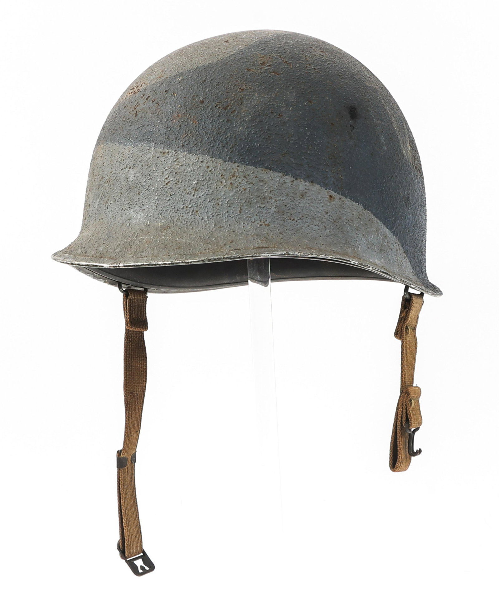 WWII EARLY 1942 US NAVY CAMO M1 COMBAT HELMET: WWII EARLY 1942 US NAVY CAMO M1 COMBAT HELMET WWII US Navy Camo M1 Combat Helmet. Early 1942 production McCord shell stamped "68D" with a two tone, light & dark gray / blue camo pattern. Fixed bales, 