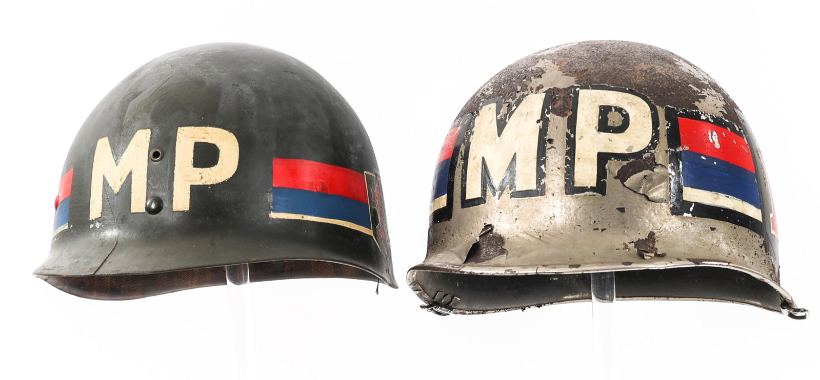 WWII US ARMY BIG RED ONE MILITARY POLICE M1 HELMET: WWII US ARMY BIG RED ONE MILITARY POLICE M1 HELMET WWII US Army 1st Infantry Division "Big Red One" Military Police M1 Combat Helmet. Mid 44 production McCord shell stamped serial number "1008A". Chro