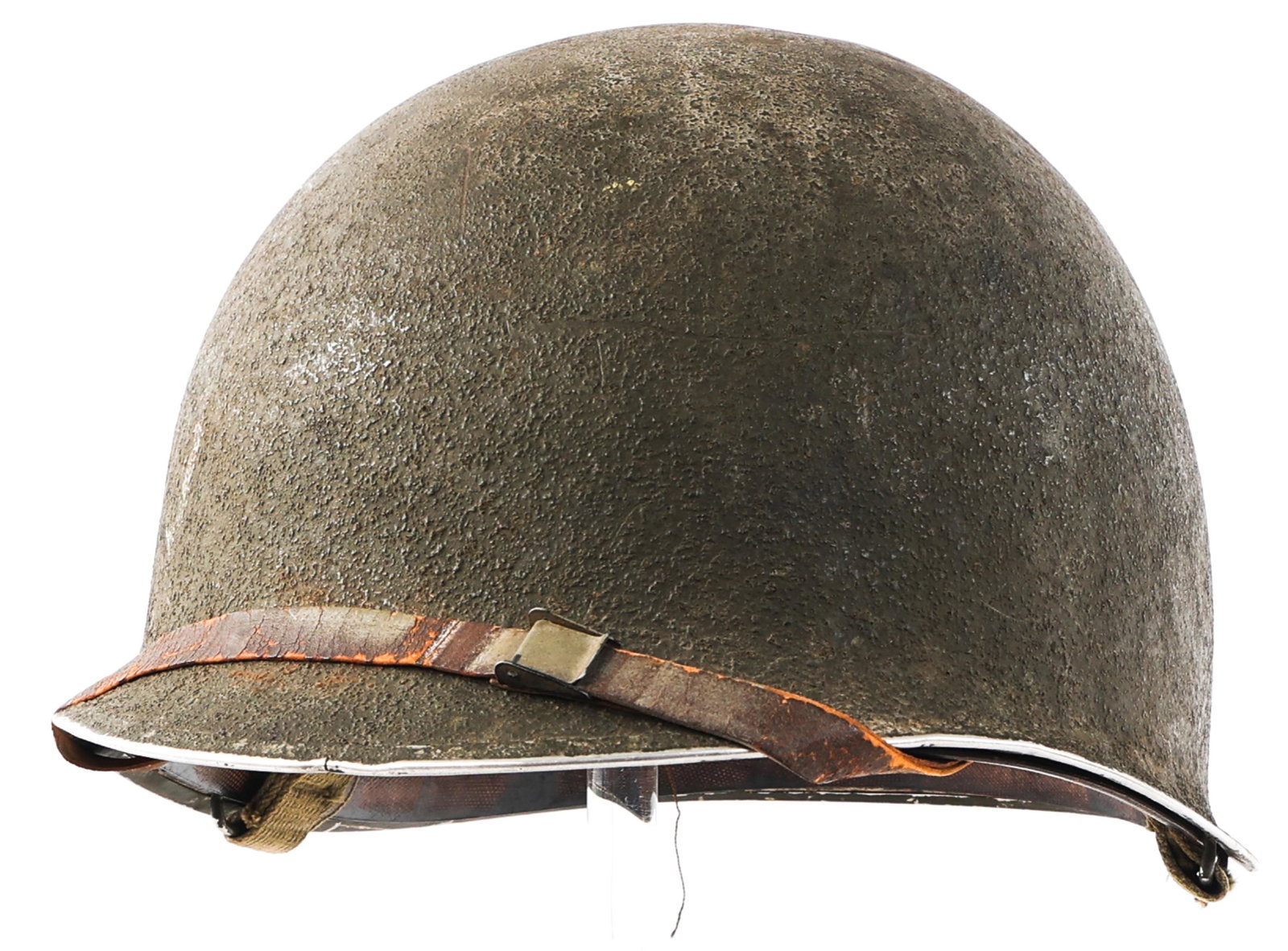 WWII US ARMY M1 COMBAT HELMET WITH INLAND LINER: WWII US ARMY M1 COMBAT HELMET WITH INLAND LINER WWII US Army M1 Combat Helmet. Mid 1942 production McCord Shell serial stamped "147A". Front seam, fixed bales, OD3 web chinstrap with brass "J" hook an