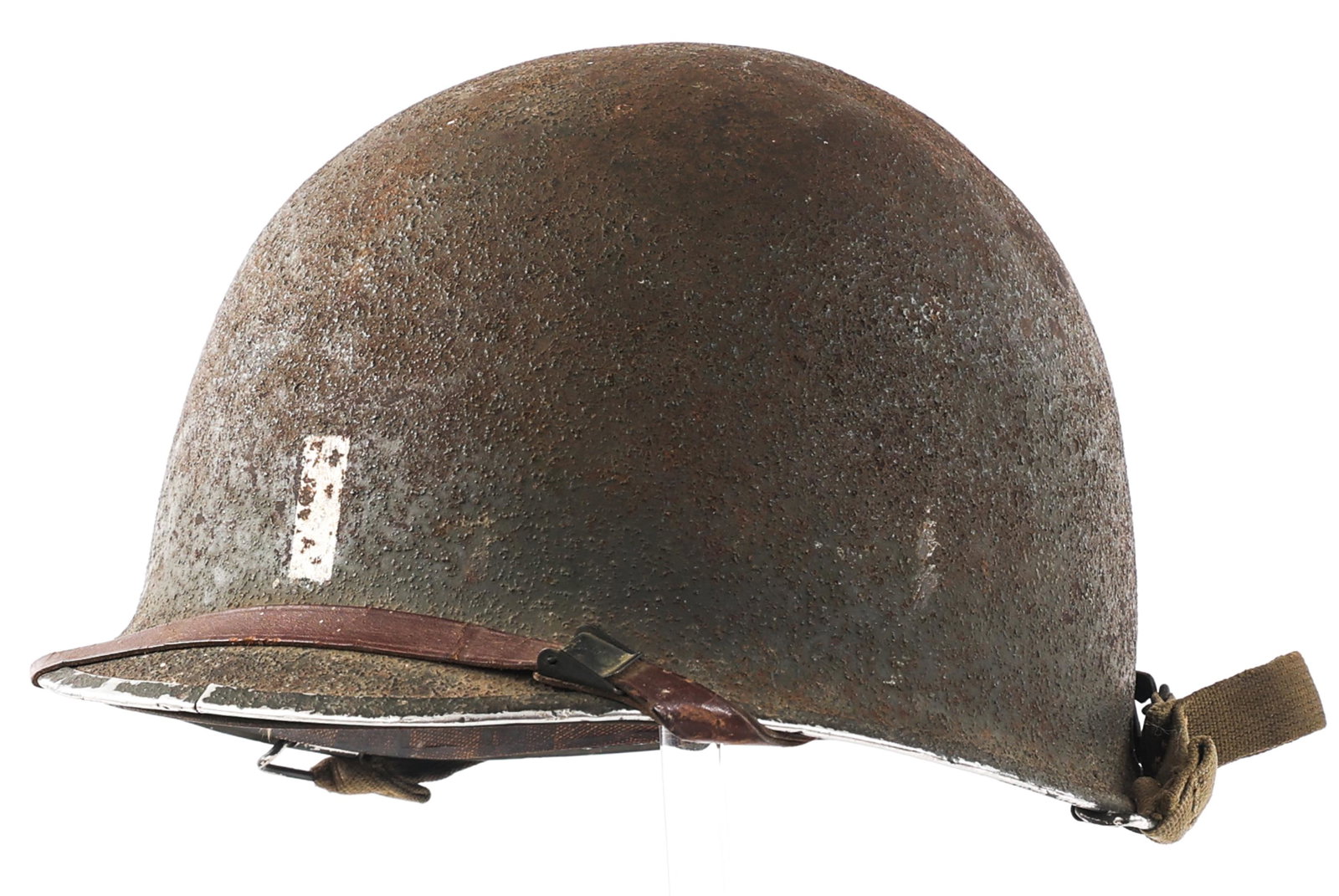 WWII US ARMY OFFICER M1 COMBAT HELMET & LINER: WWII US ARMY OFFICER M1 COMBAT HELMET & LINER WWII US Army Officer M1 Combat Helmet. Late 1944 production McCord shell, front seam, swivel bales, OD7 chinstrap with blackened alloy "J" hook and buckle