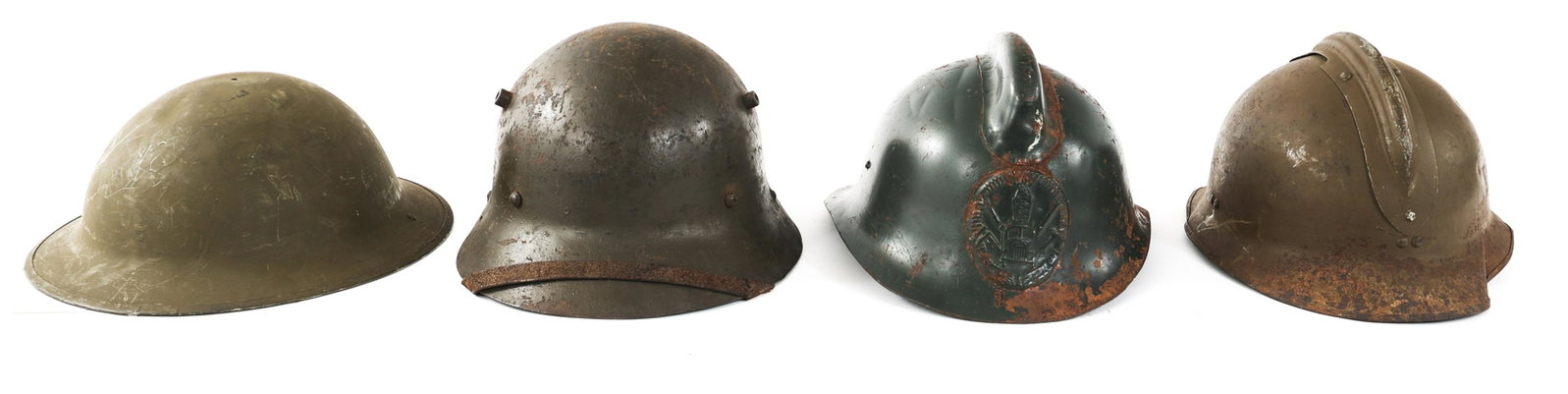 WWII - COLD WAR WORLD MILITARY HELMET LOT OF 4: WWII - COLD WAR WORLD MILITARY HELMET LOT OF 4 Lot of 4 WWII World Military Combat Helmets. (1) Spanish M30. (1) Soviet Union Firefighter. (1) US M1917 Doughboy. (1) French M26 Adrian.