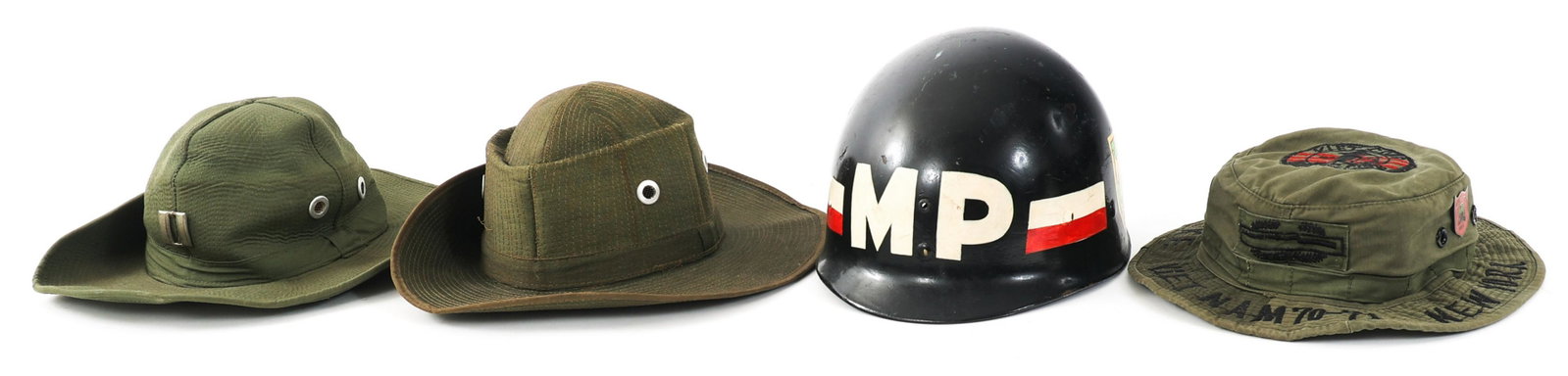 VIETNAM WAR THEATER MADE JUNGLE HAT & HEADGEAR: VIETNAM WAR THEATER MADE JUNGLE HAT & HEADGEAR Lot of 3 Vietnam War Theater Made Jungle Hat, MP Helmet Liner and Souvenir Boonie Cap. (2) Theater made Cowboy/Bush Jungle Hat. OG green. Size 57 and 60.
