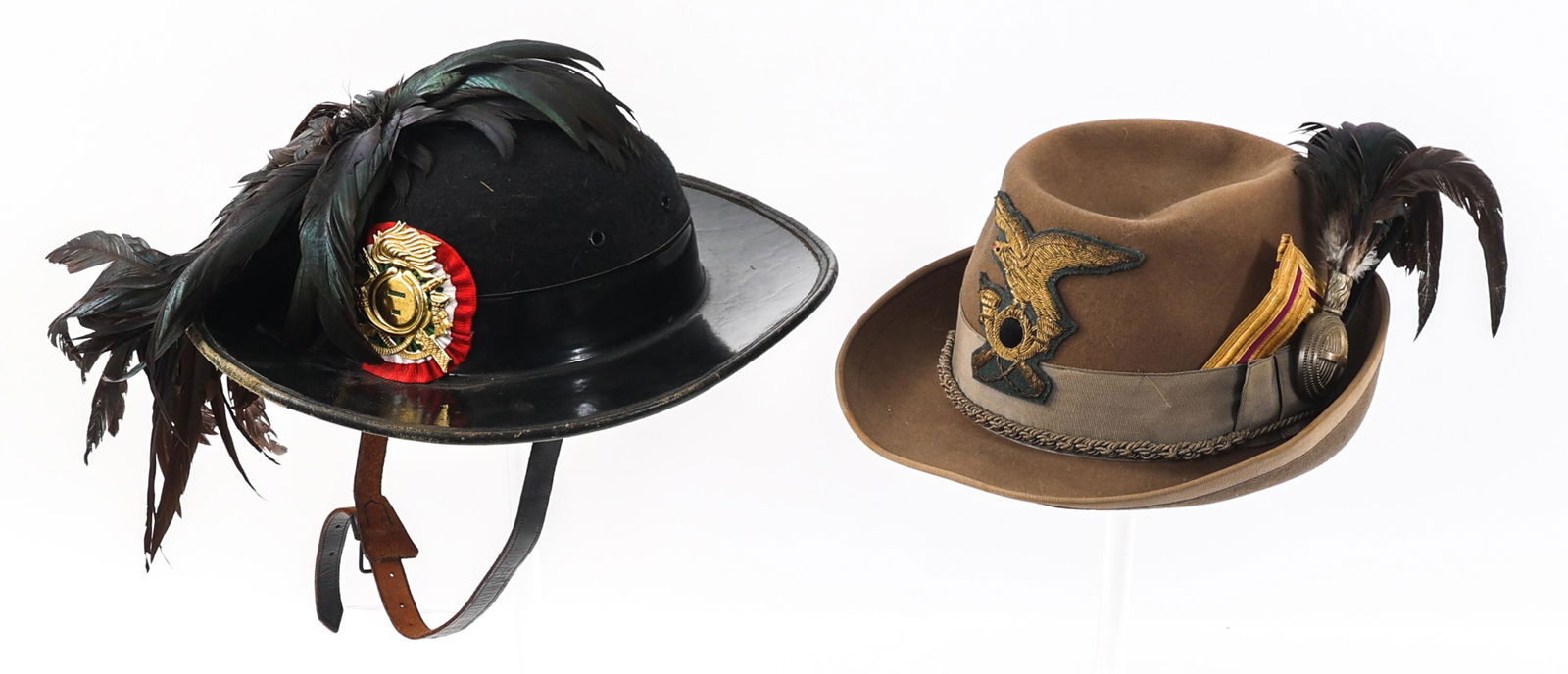 COLD WAR ITALIAN ALPINI & BERSAGLIERI CAPS: COLD WAR ITALIAN ALPINI & BERSAGLIERI CAPS Lot of 2 Cold War Italian Medical Officer and Bersaglieri Caps. (1) Alpini Medical Officer Cap. Khaki, fine felt. Bullion Alpini Infantry eagle on blue felt