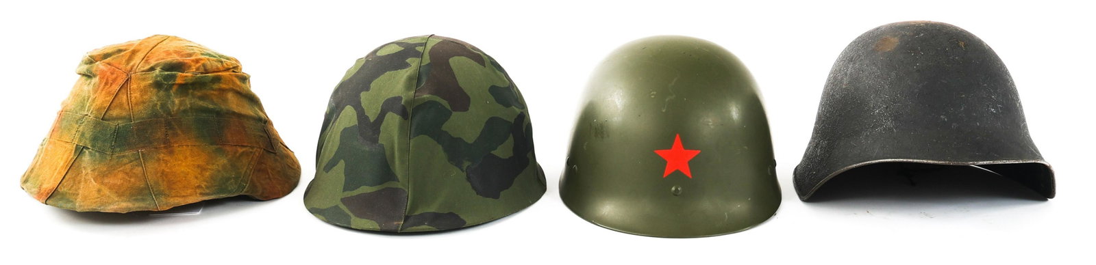 WWII - COLD WAR WORLD MILITARY HELMET LOT OF 4: WWII - COLD WAR WORLD MILITARY HELMET LOT OF 4 Lot of 4 WWII - Cold War World Military Helmets. (1) East German M56 / 76 with camo cover. (1) Swiss M18. (1) China GK82 Airborne. (1) Chinese Gk80A with