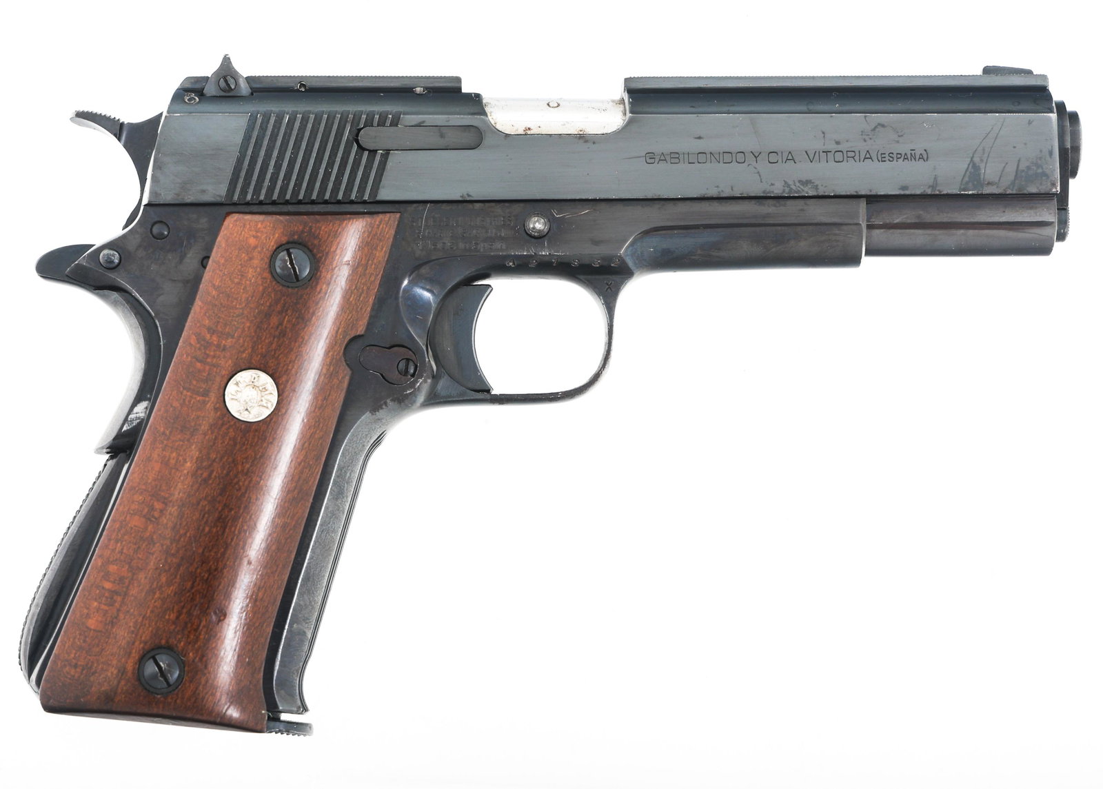 STOEGER LLAMA MODEL IX-A .45 CALIBER PISTOL: STOEGER LLAMA MODEL IX-A .45 CALIBER PISTOL Gabilondo Cia Vitoria Llama Model IZ-A .45 ACP caliber semi automatic pistol. Stoeger Industries import mark. Fixed iron sights. Blue finish. Llama medallio
